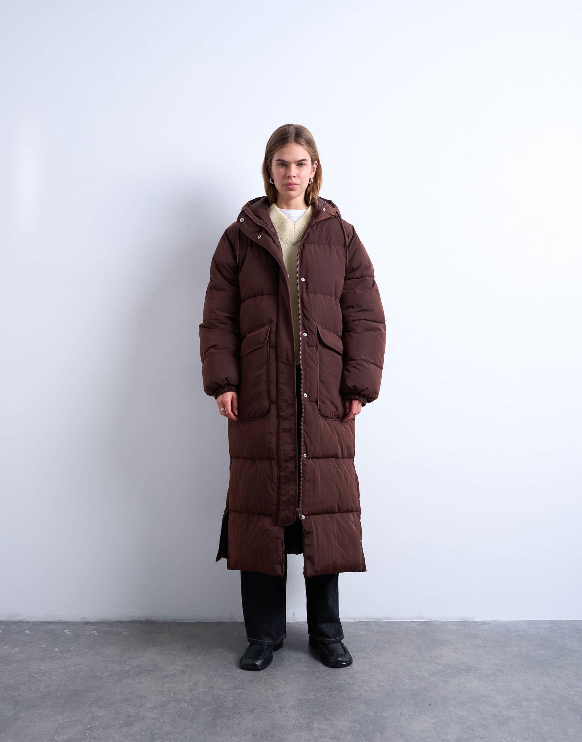 Topshop longline techy puffer jacket in chocolate