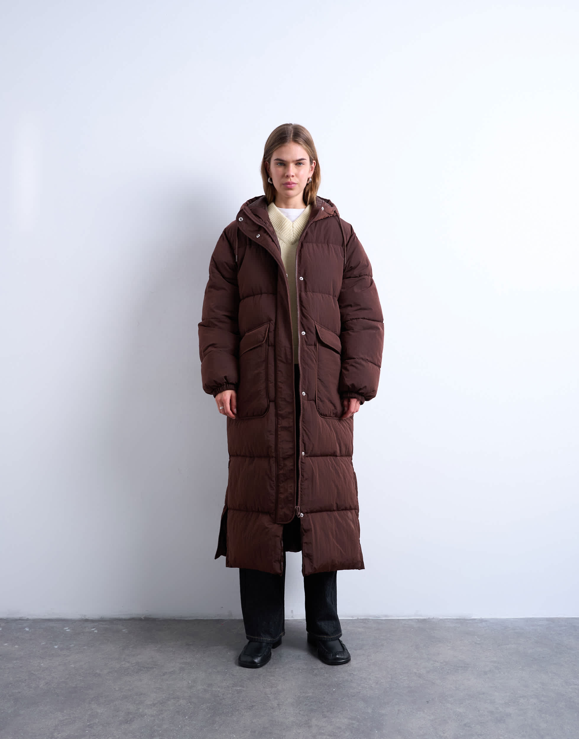 Topshop longline techy puffer jacket in chocolate