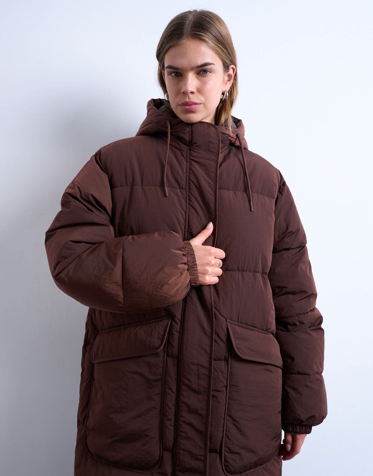 Topshop longline techy puffer jacket in chocolate