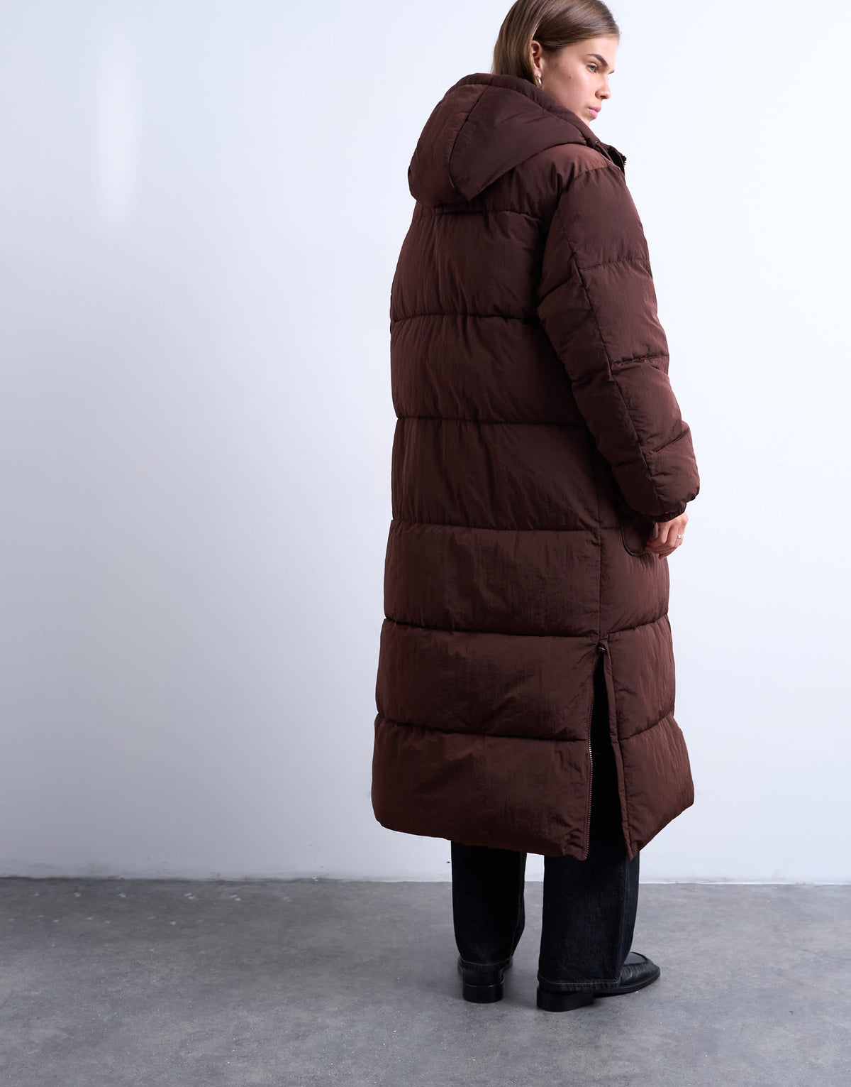 Topshop longline techy puffer jacket in chocolate