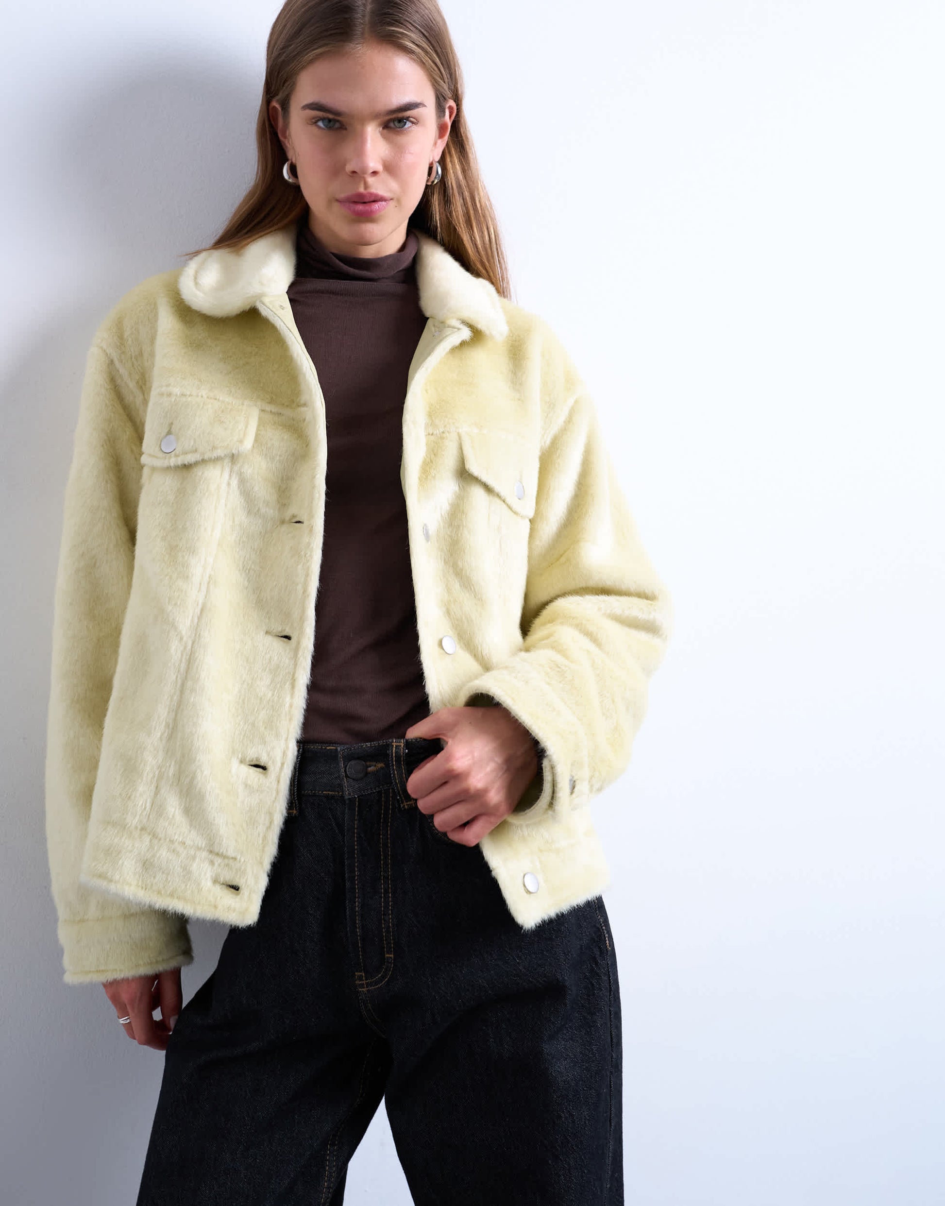 Topshop faux fur western trucker jacket in buttermilk