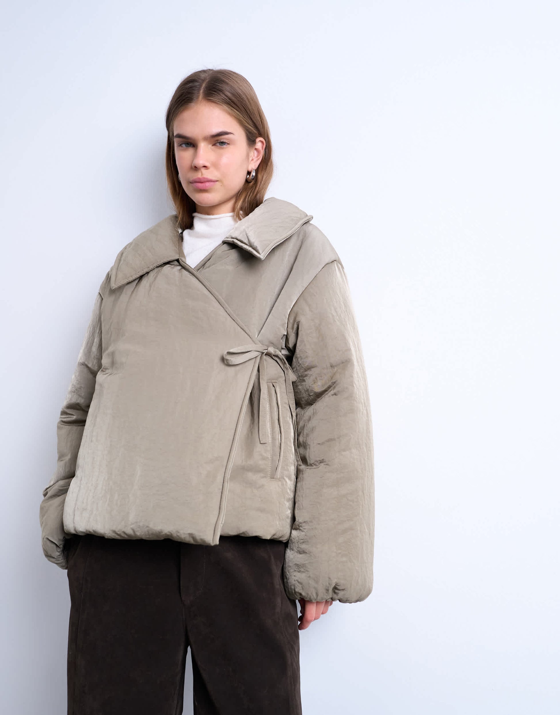 Topshop short tie waist puffer jacket in stone