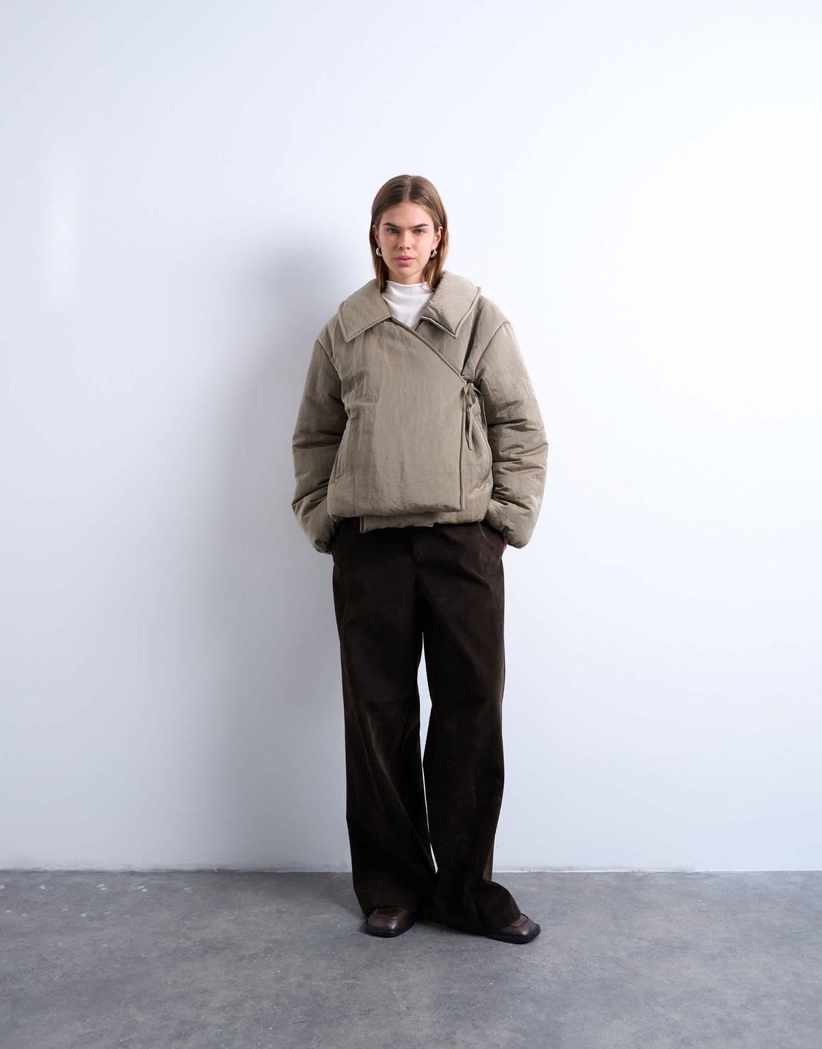 Topshop short tie waist puffer jacket in stone