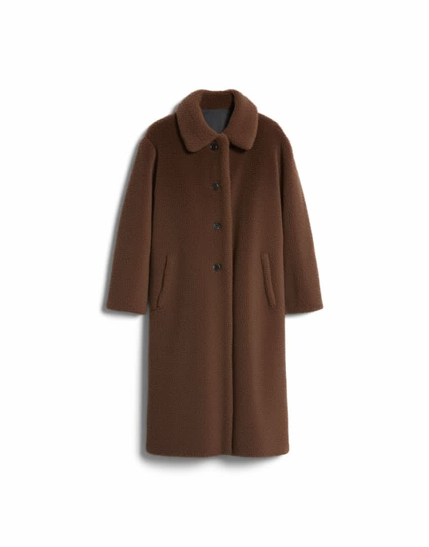 Topshop double breasted borg longline coat in brown