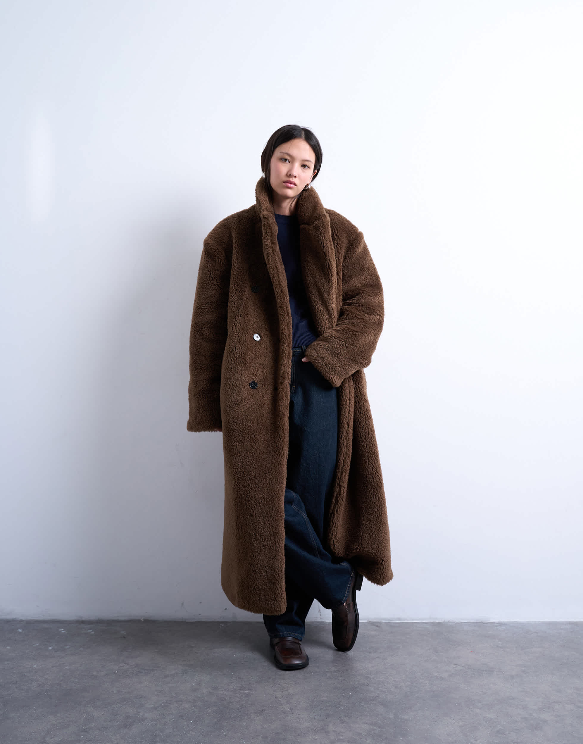 Topshop double breasted borg longline coat in brown