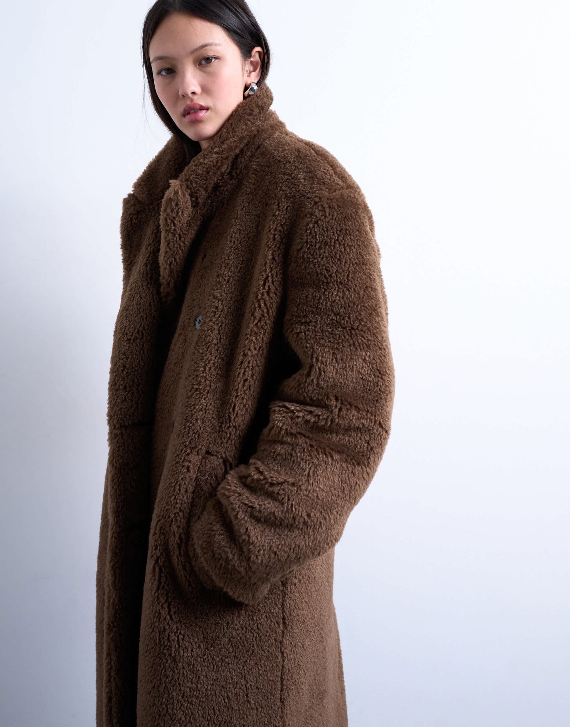 Topshop double breasted borg longline coat in brown