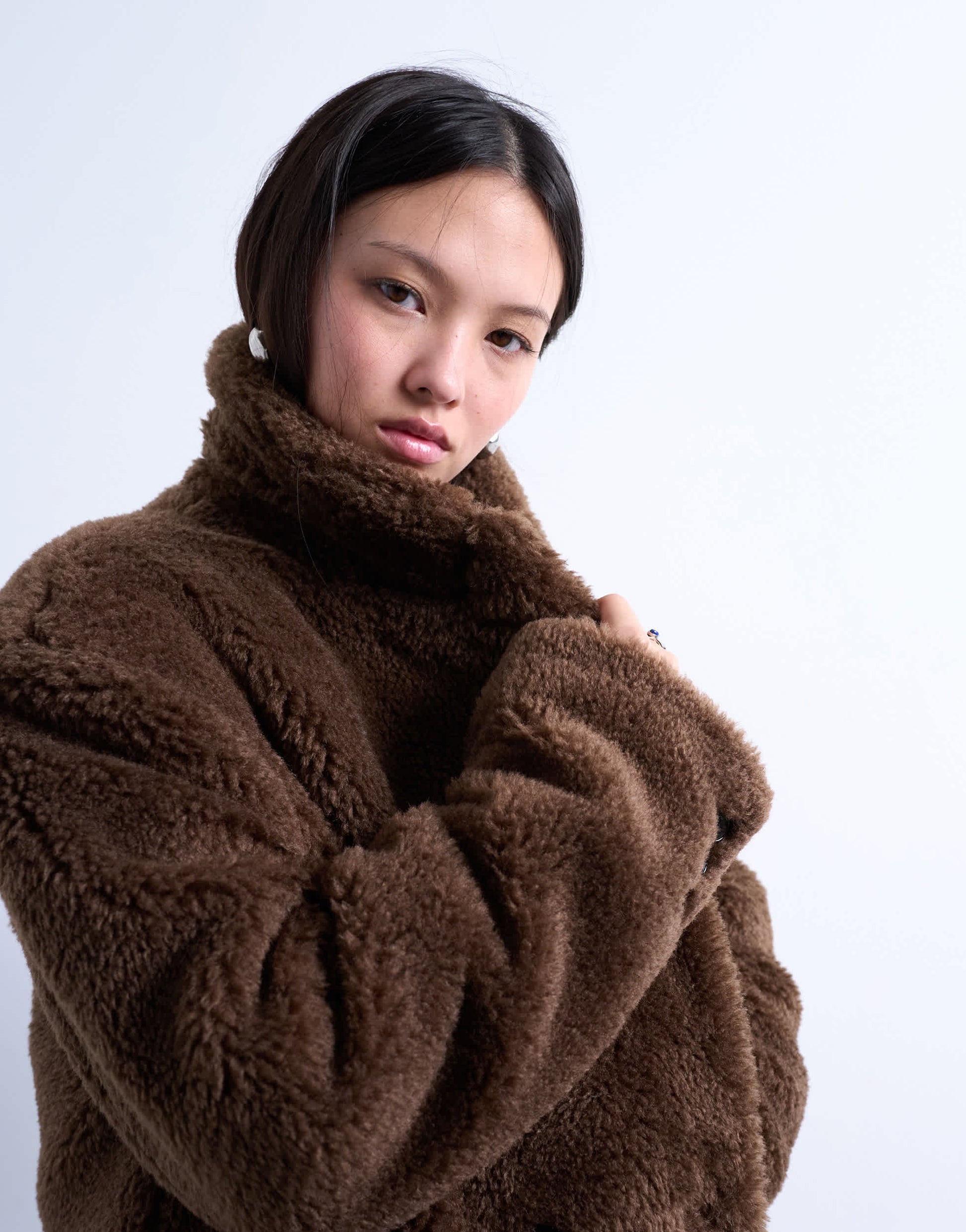 Topshop double breasted borg longline coat in brown