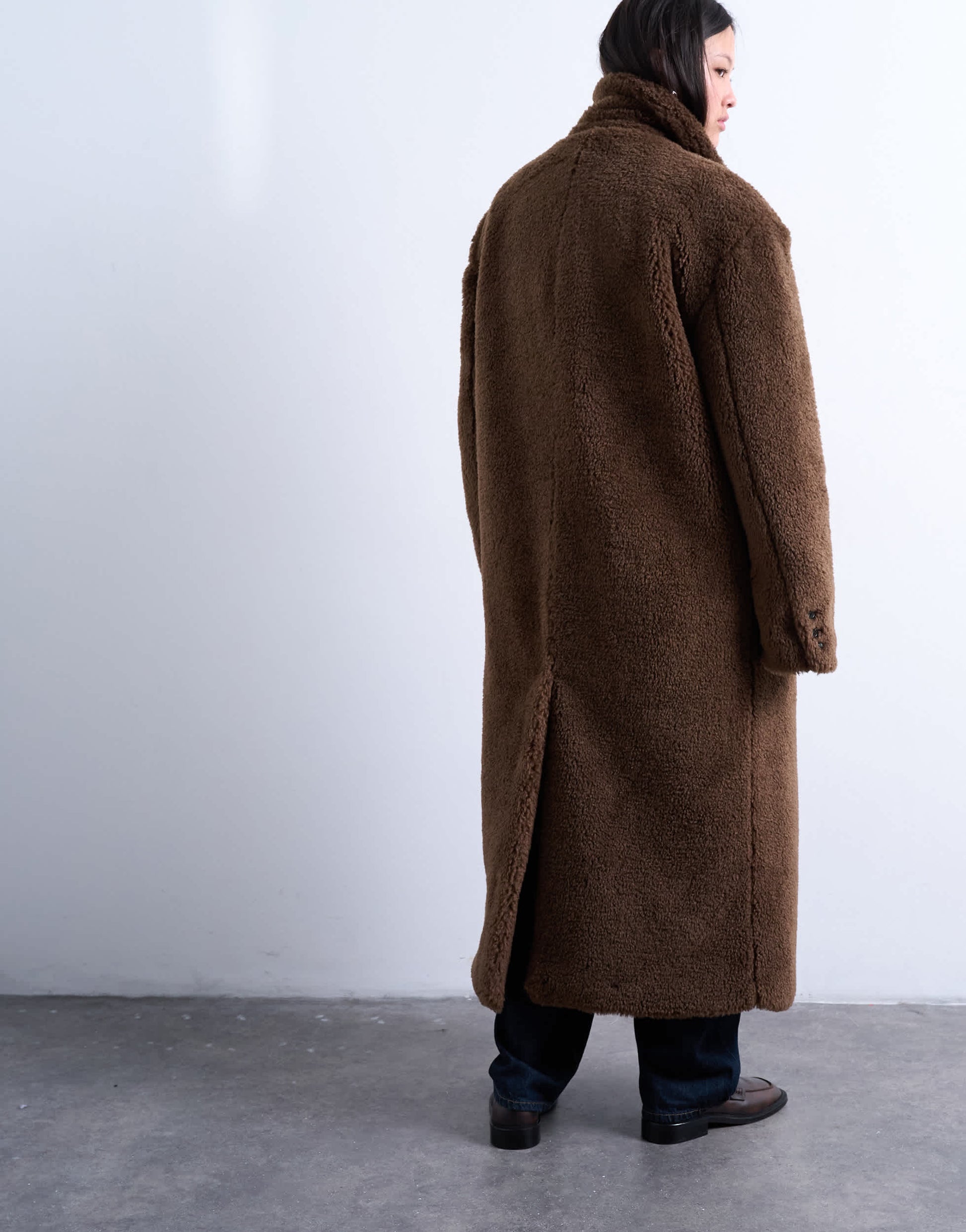 Topshop double breasted borg longline coat in brown