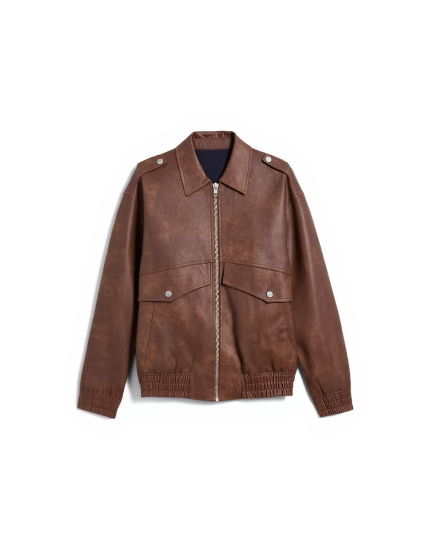 Topshop faux leather bomber jacket in washed brown