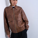 Topshop faux leather bomber jacket in washed brown