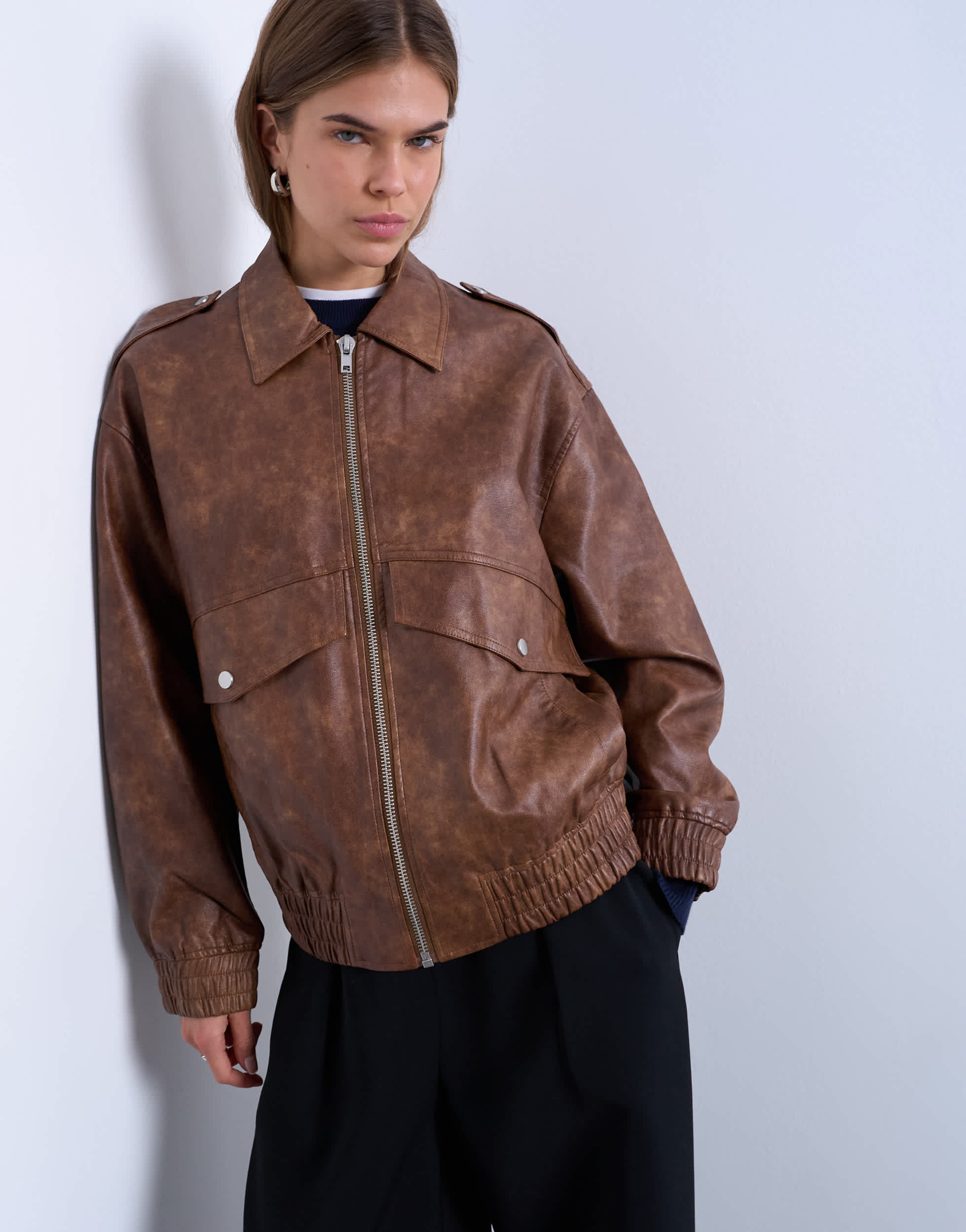 Topshop faux leather bomber jacket in washed brown