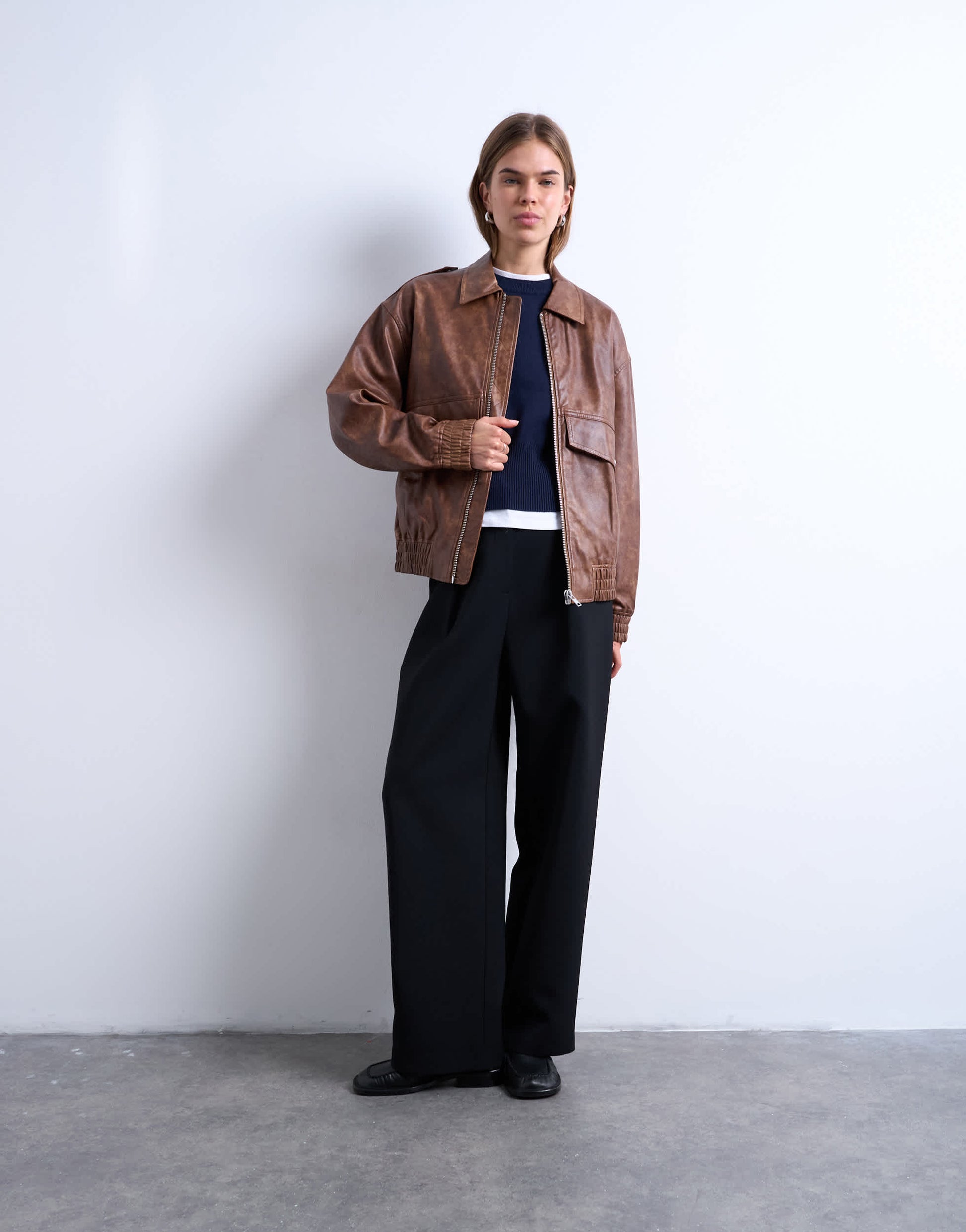 Topshop faux leather bomber jacket in washed brown