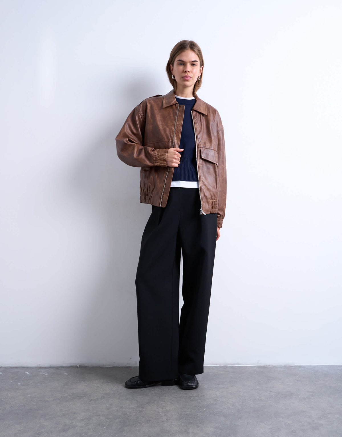 Topshop faux leather bomber jacket in washed brown