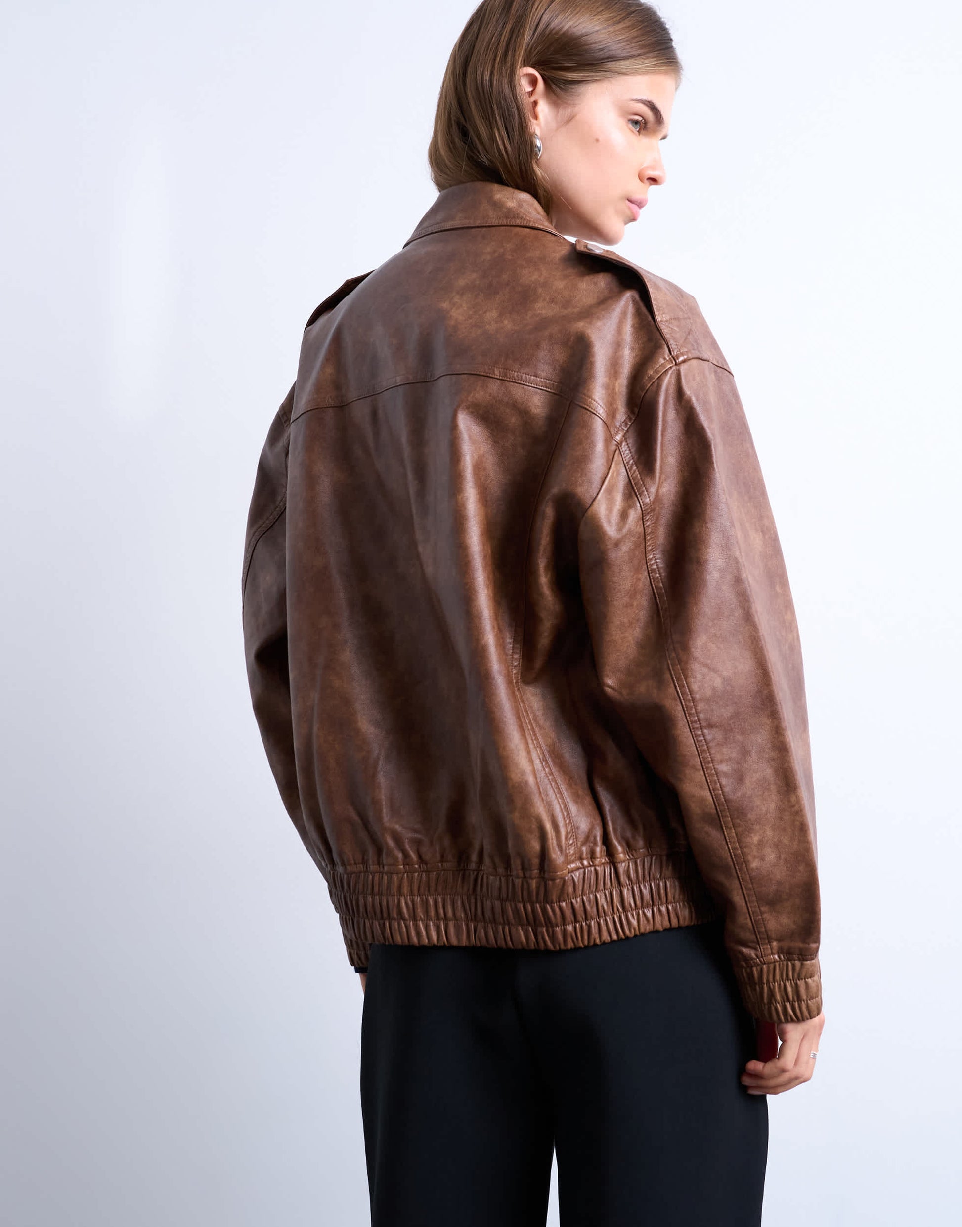Topshop faux leather bomber jacket in washed brown