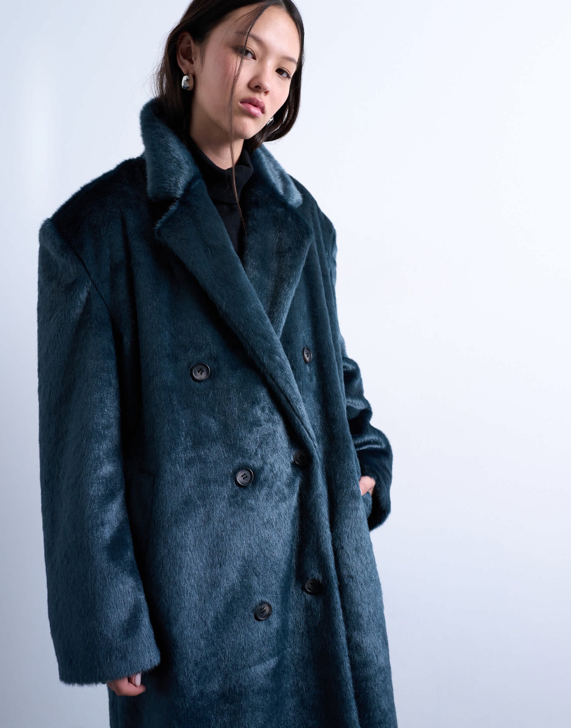 Topshop faux fur longline double breasted coat in teal