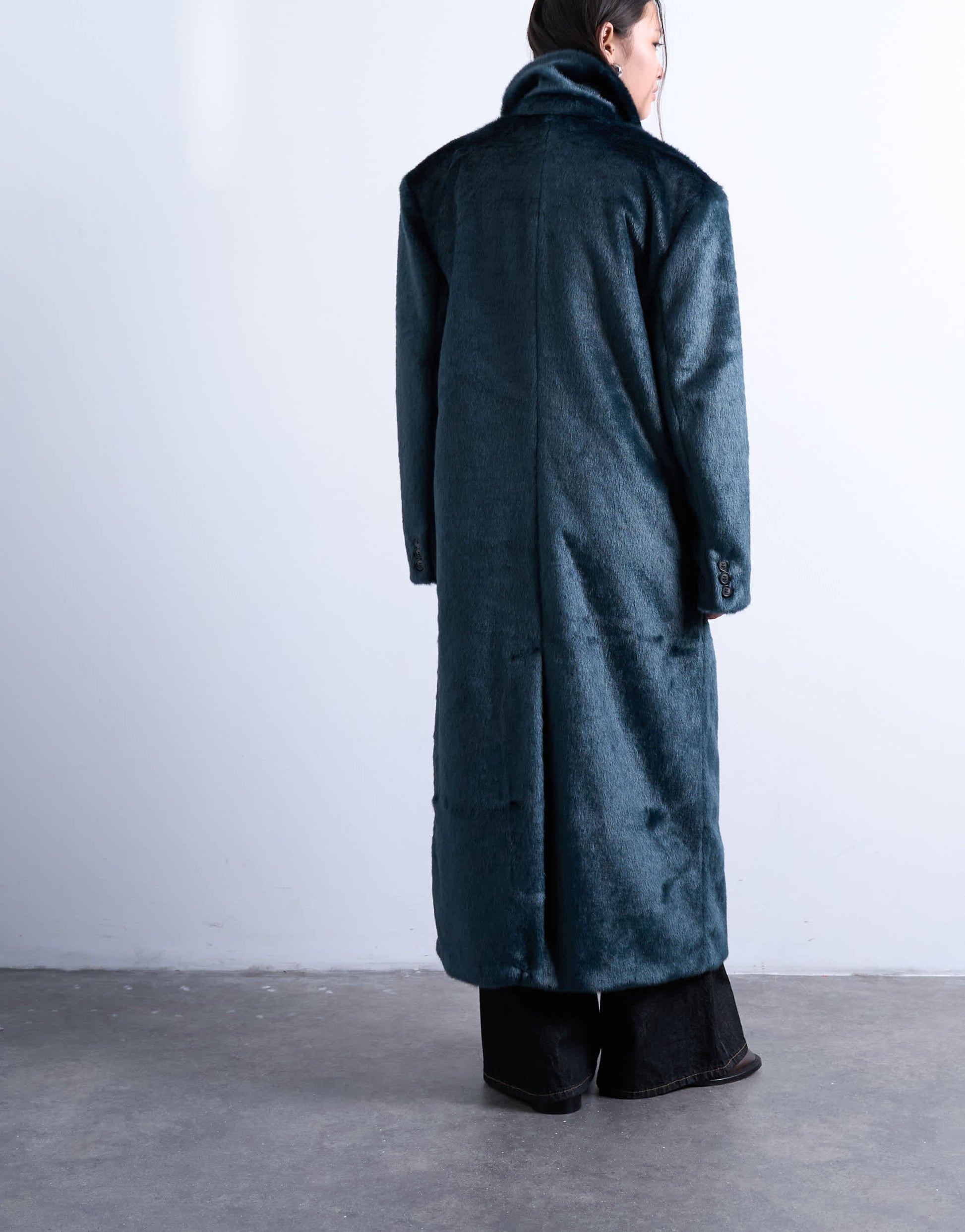 Topshop faux fur longline double breasted coat in teal