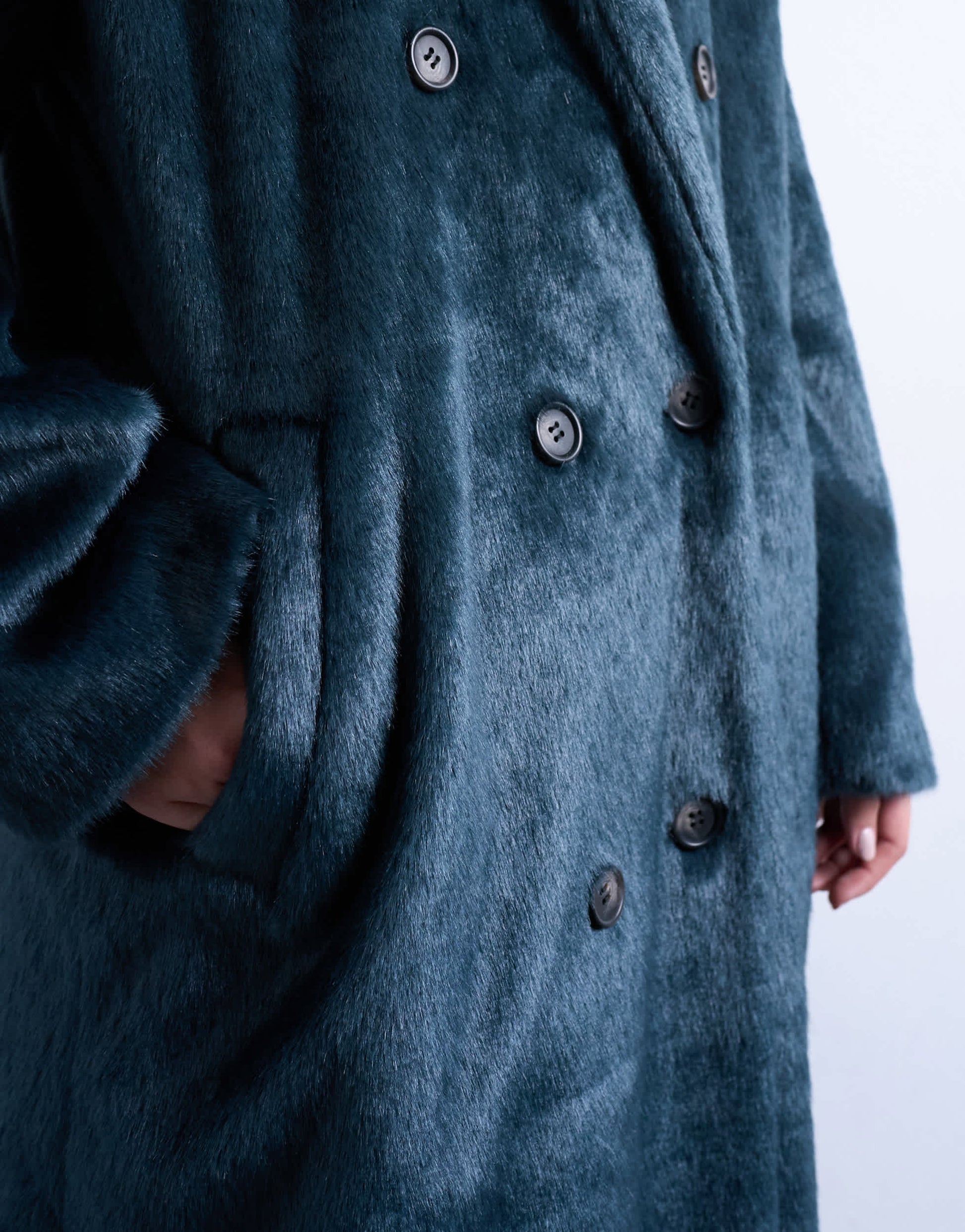 Topshop faux fur longline double breasted coat in teal