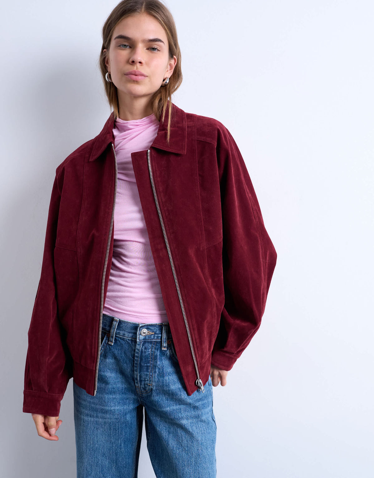 Topshop faux suede zip through seam detail jacket in burgundy