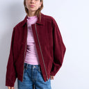 Topshop faux suede zip through seam detail jacket in burgundy
