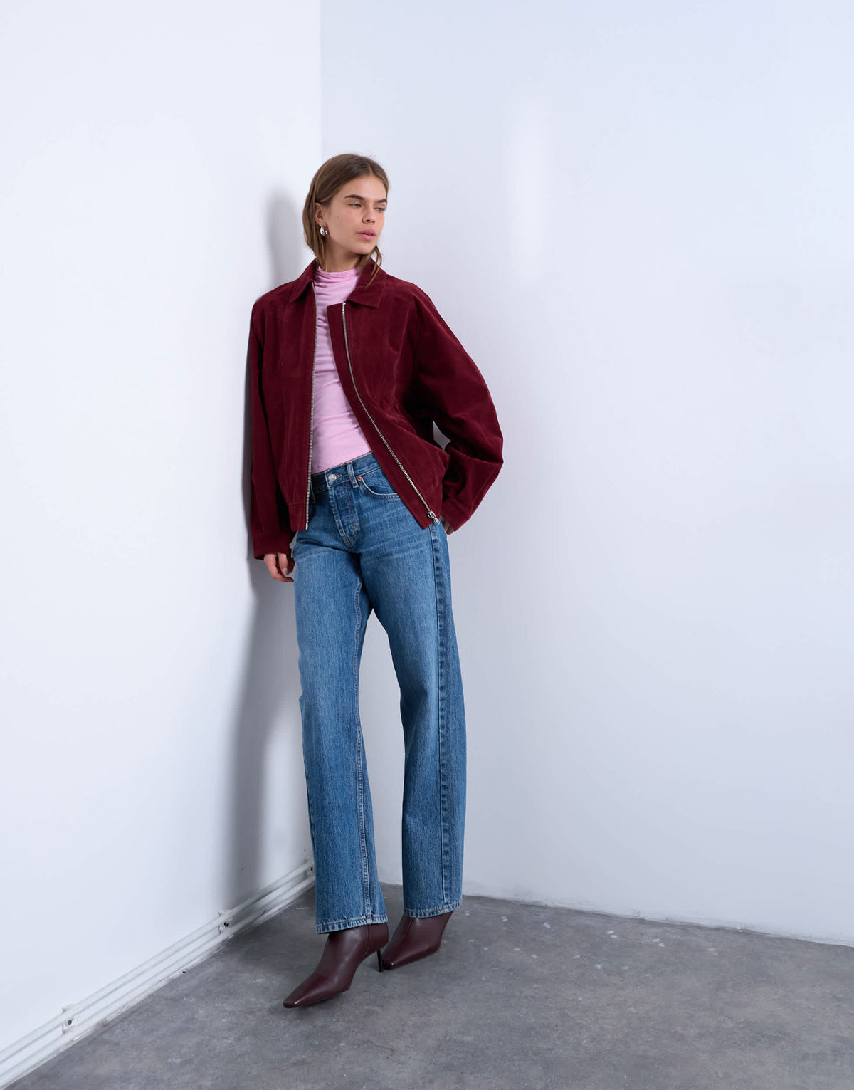 Topshop faux suede zip through seam detail jacket in burgundy