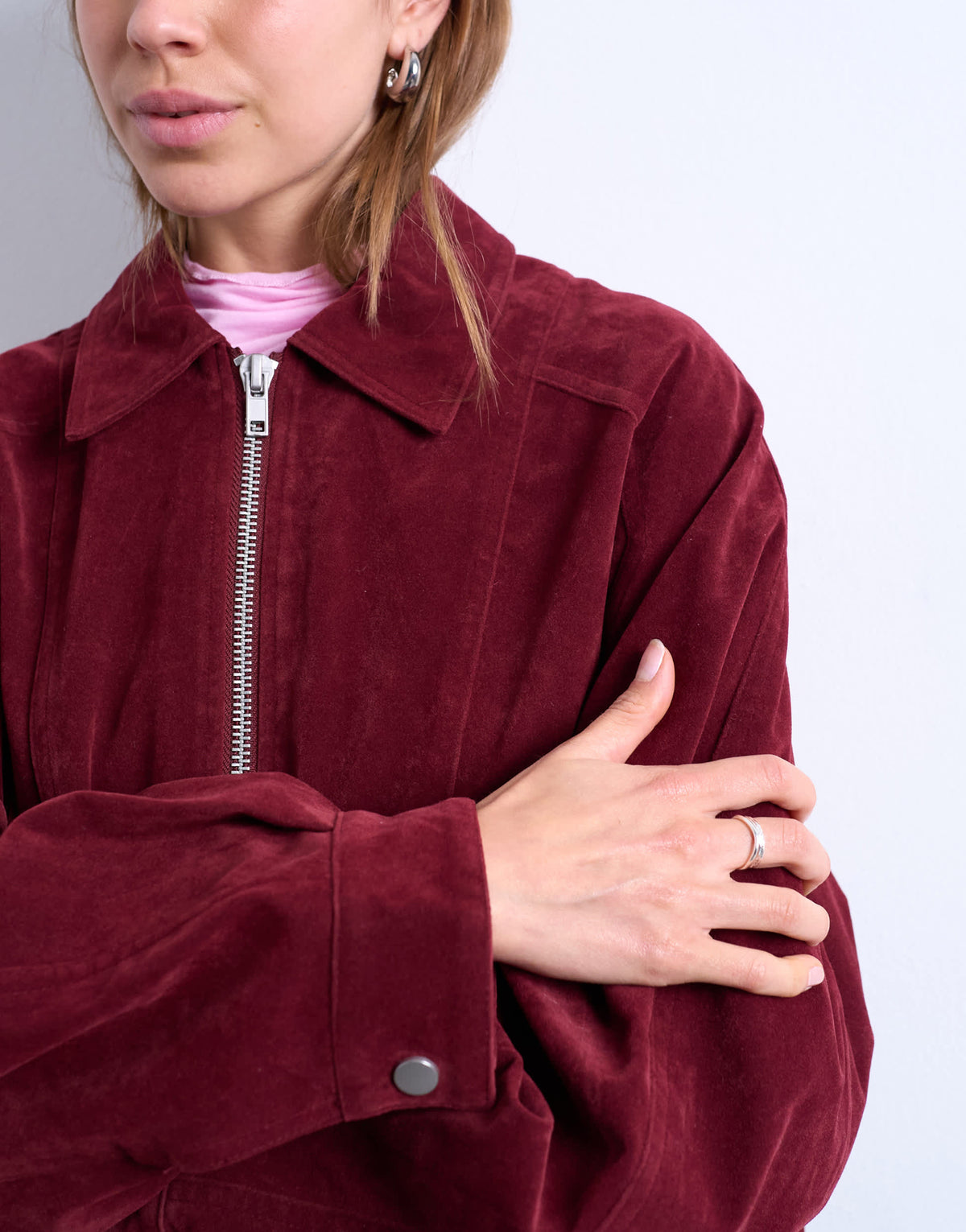 Topshop faux suede zip through seam detail jacket in burgundy