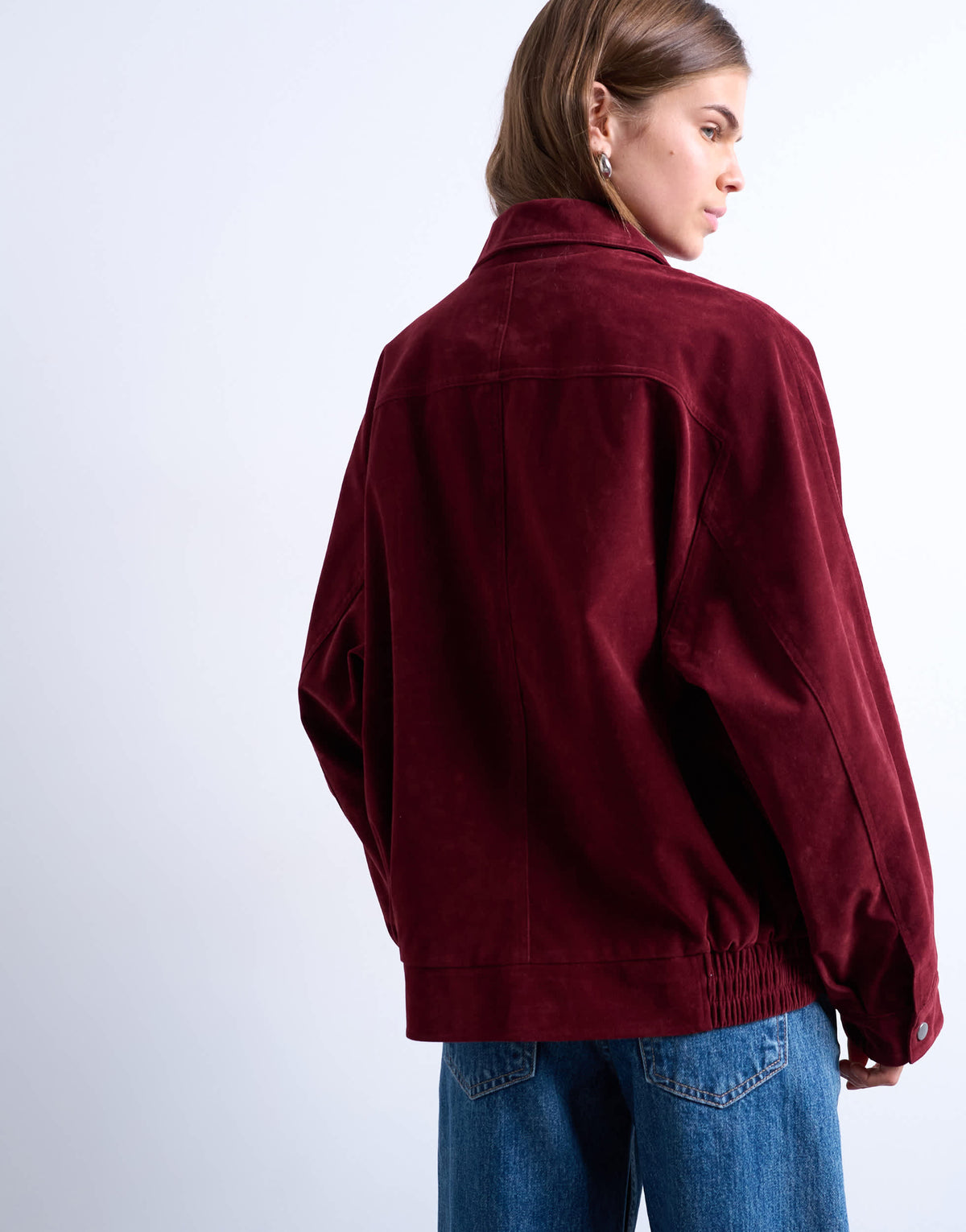Topshop faux suede zip through seam detail jacket in burgundy