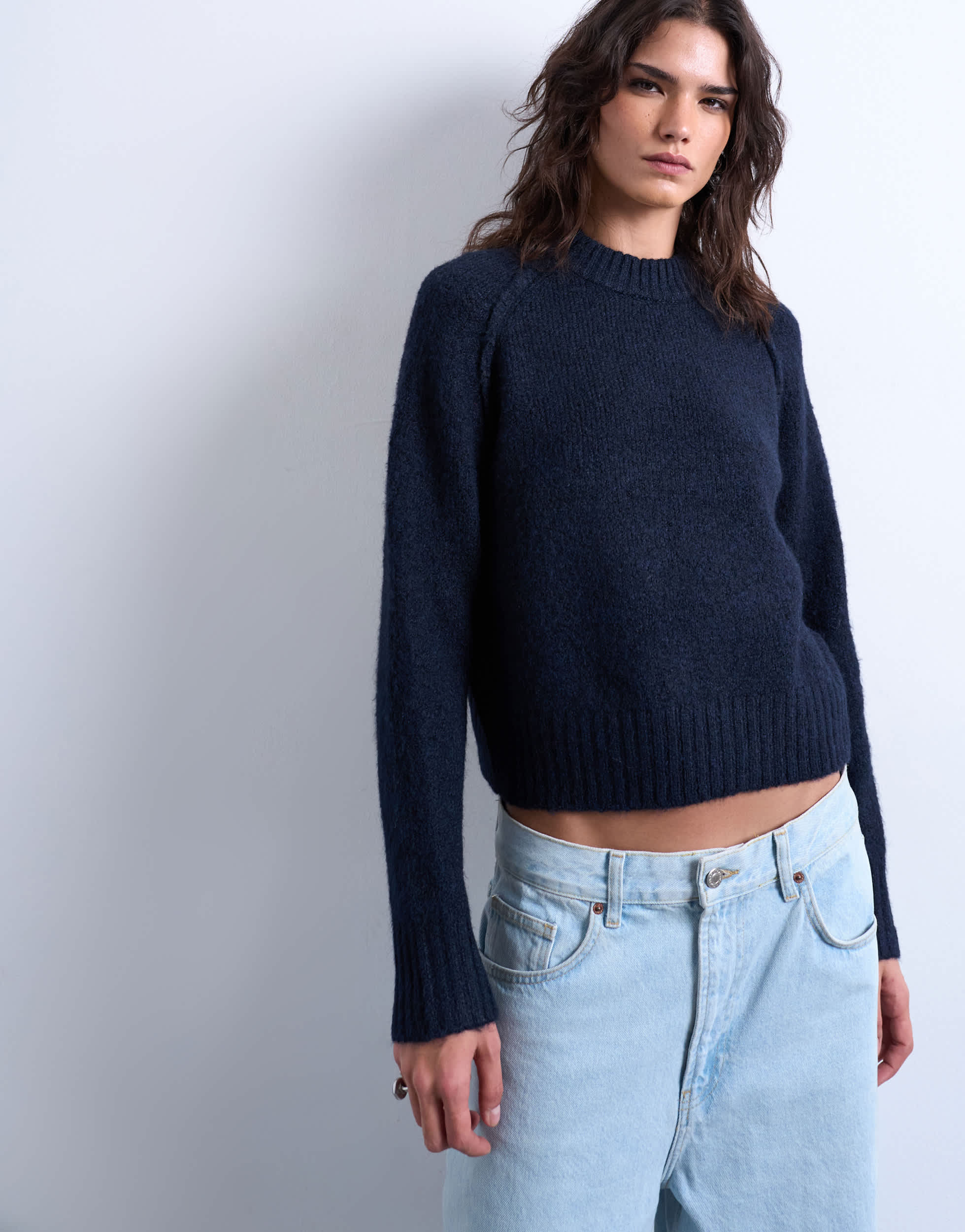 Pull Topshop en maille raglan à coutures apparentes bleu marine