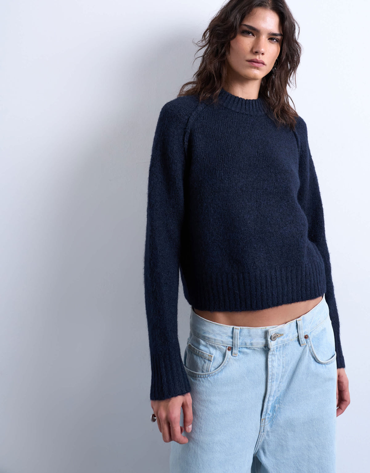 Topshop knitted raglan exposed seam jumper in navy