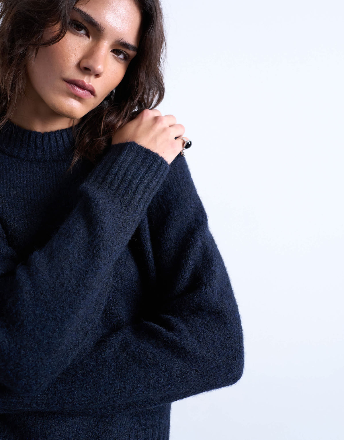 Topshop knitted raglan exposed seam jumper in navy