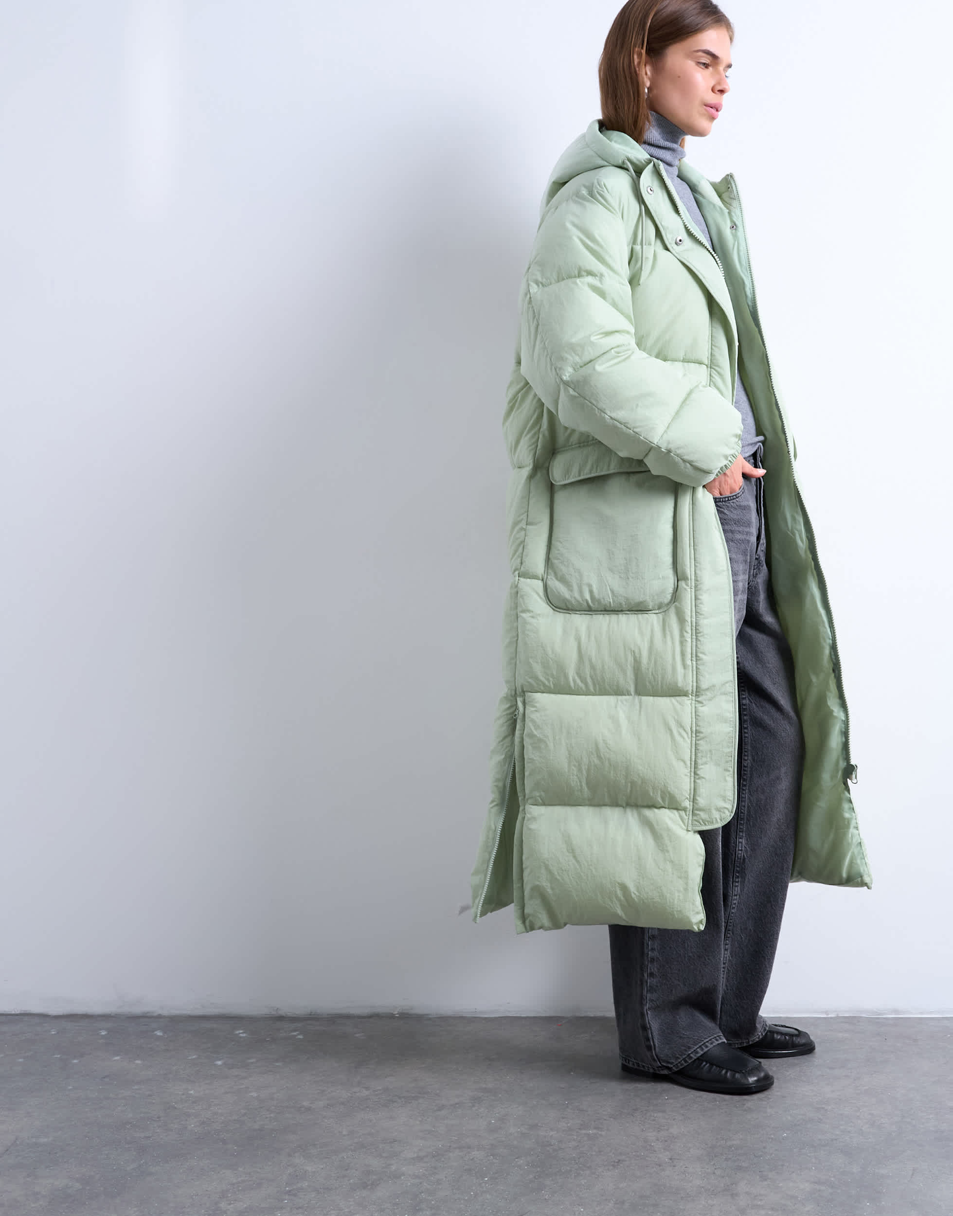 Topshop longline techy puffer jacket in green sage