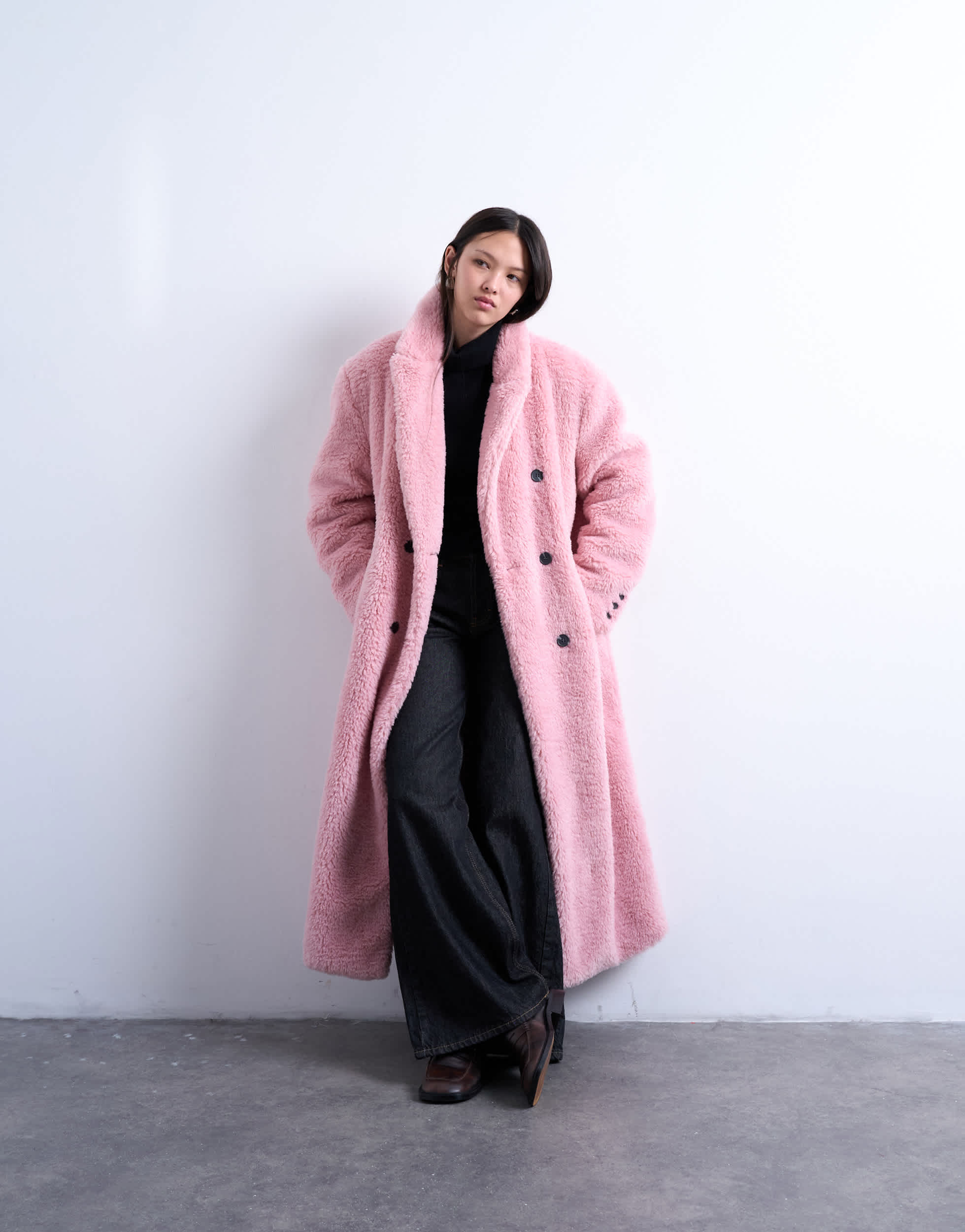 Topshop double breasted borg longline coat in pink