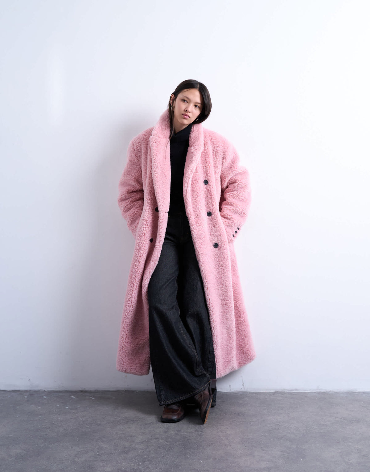 Topshop double breasted borg longline coat in pink