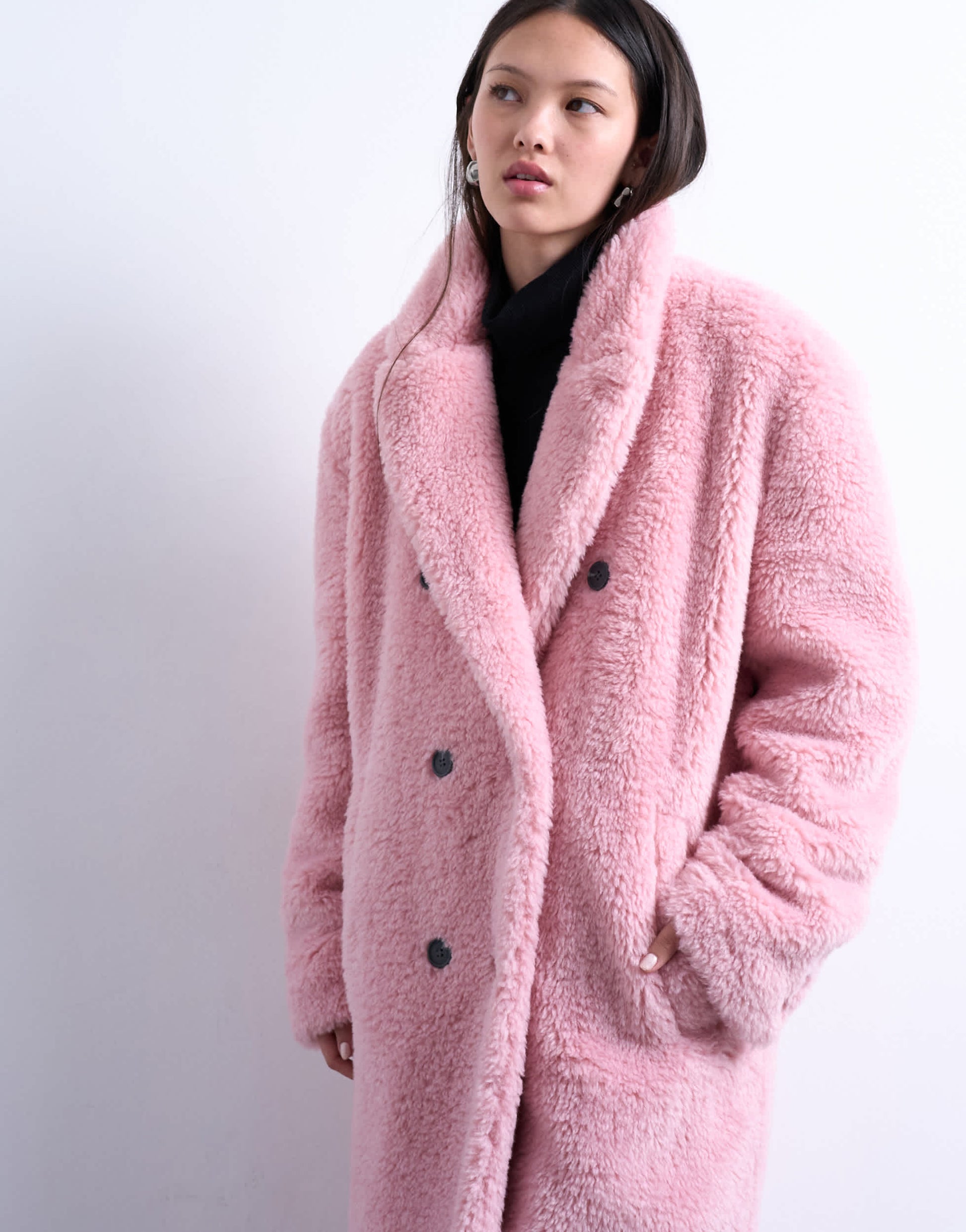 Topshop double breasted borg longline coat in pink