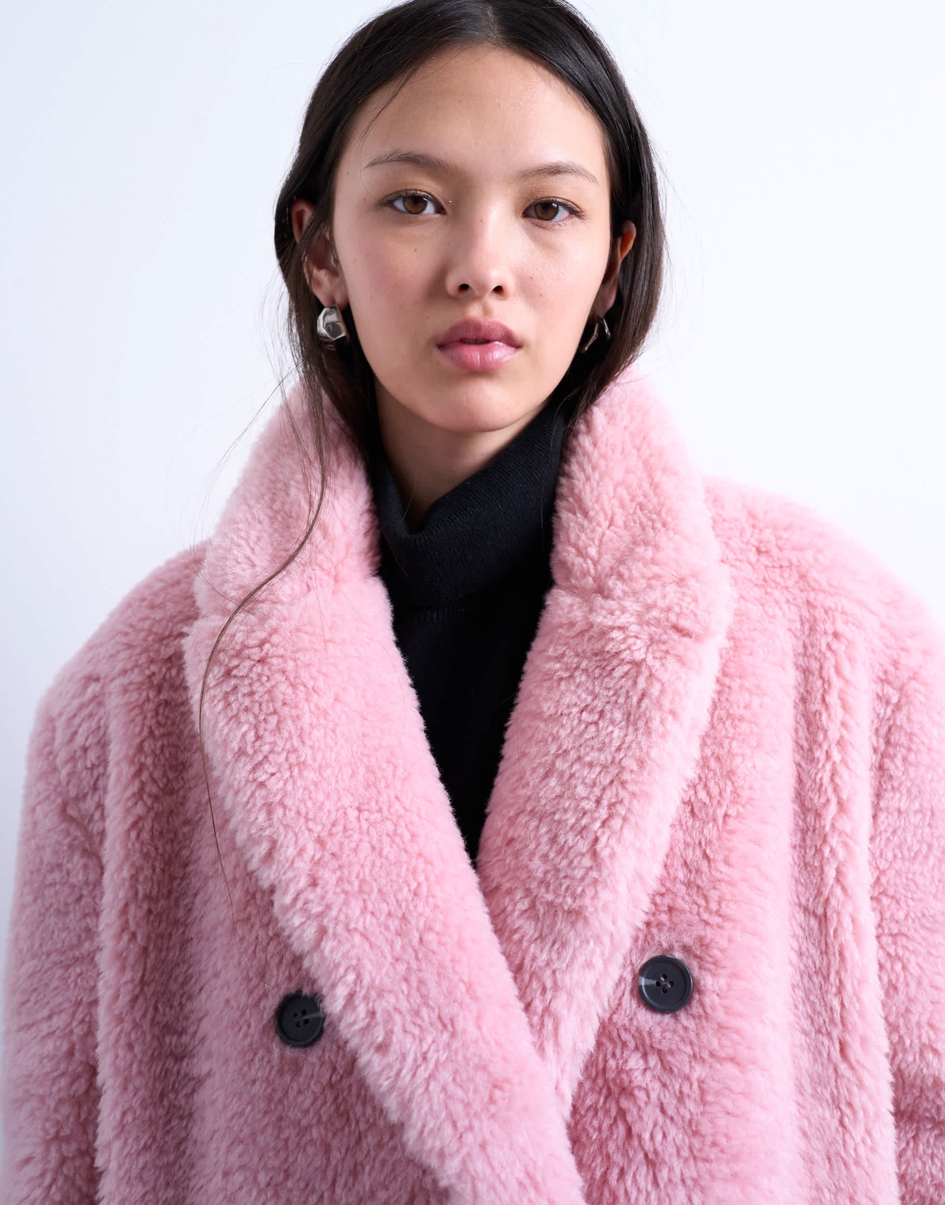 Topshop double breasted borg longline coat in pink