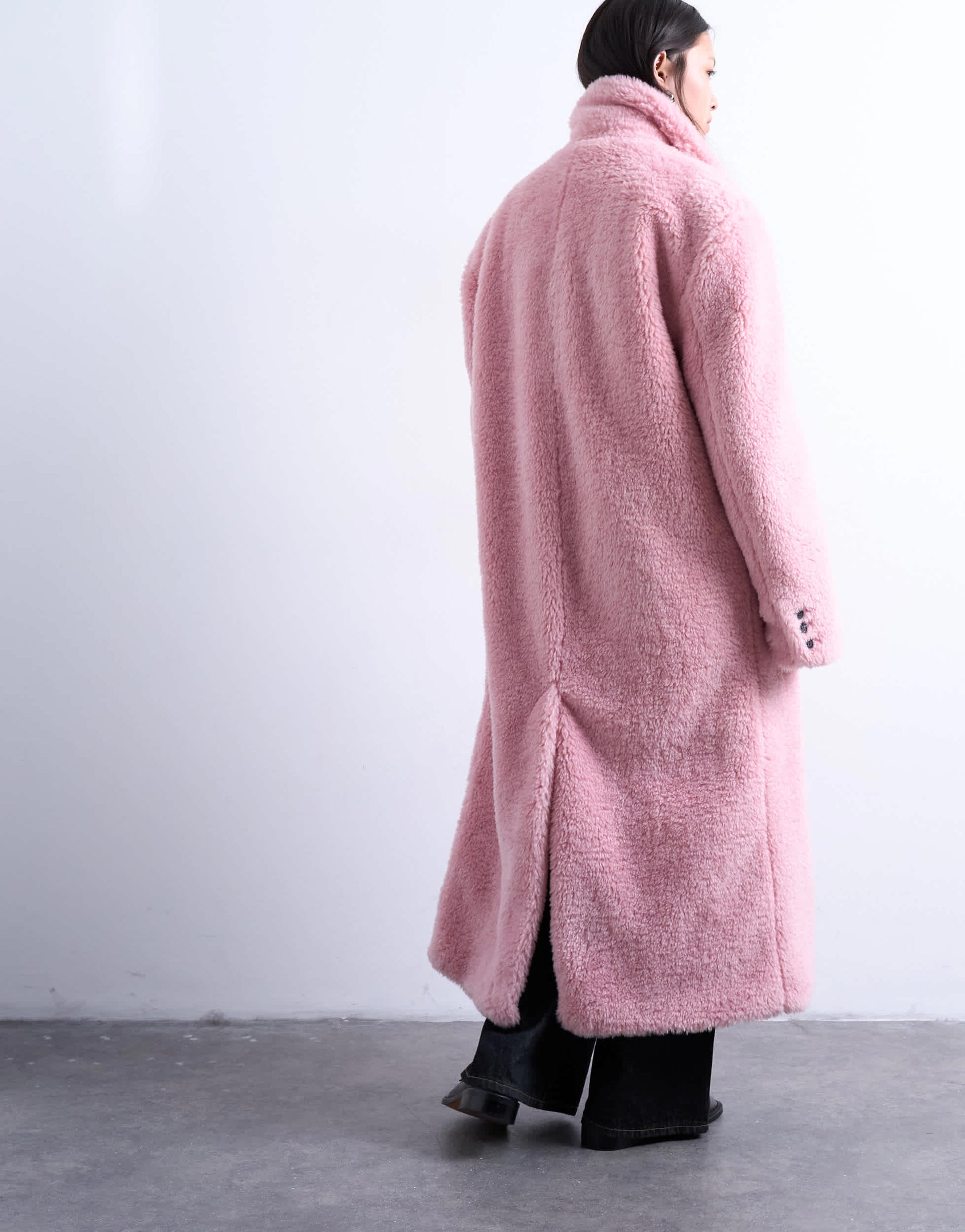 Topshop double breasted borg longline coat in pink