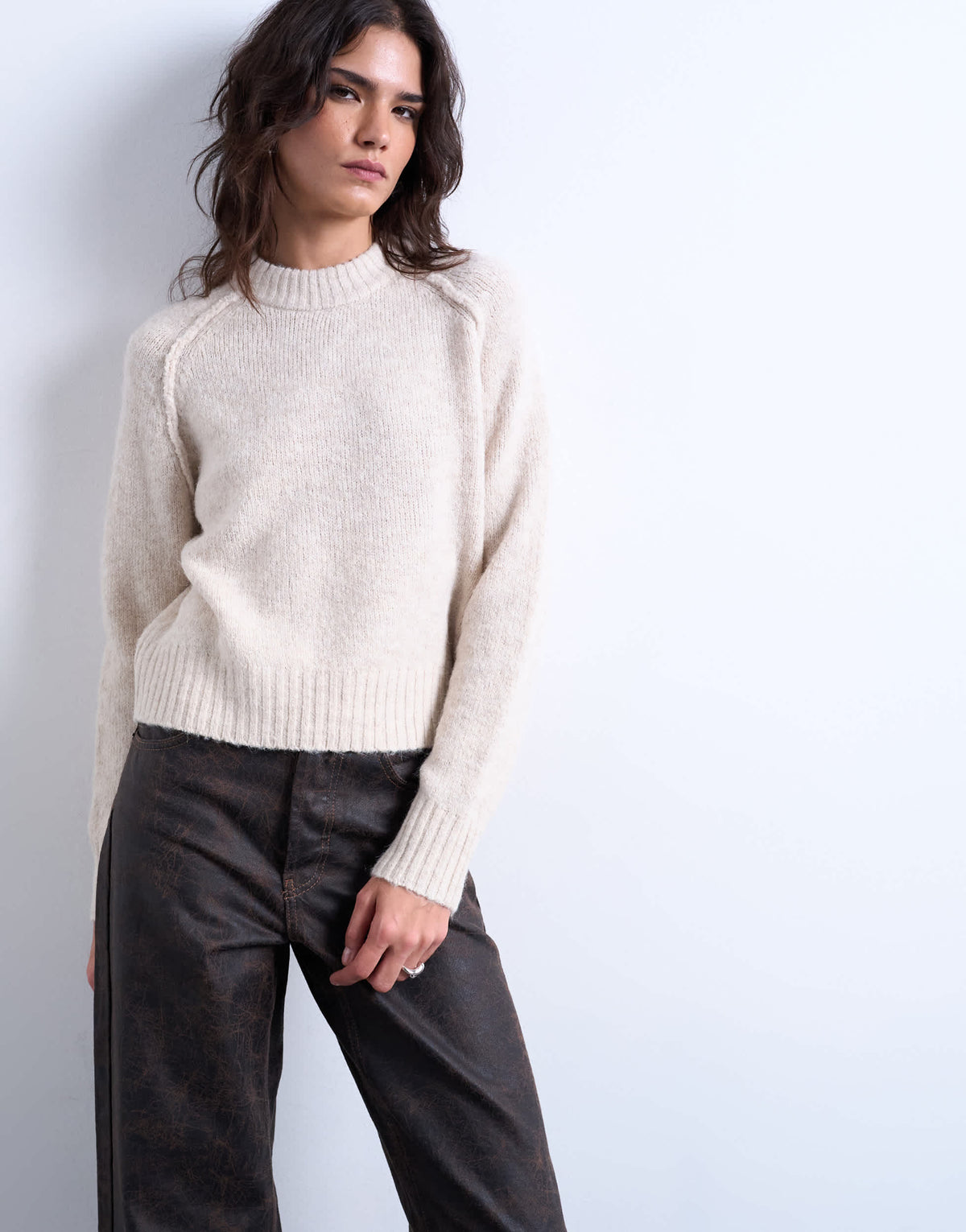 Topshop knitted raglan exposed seam jumper in oat