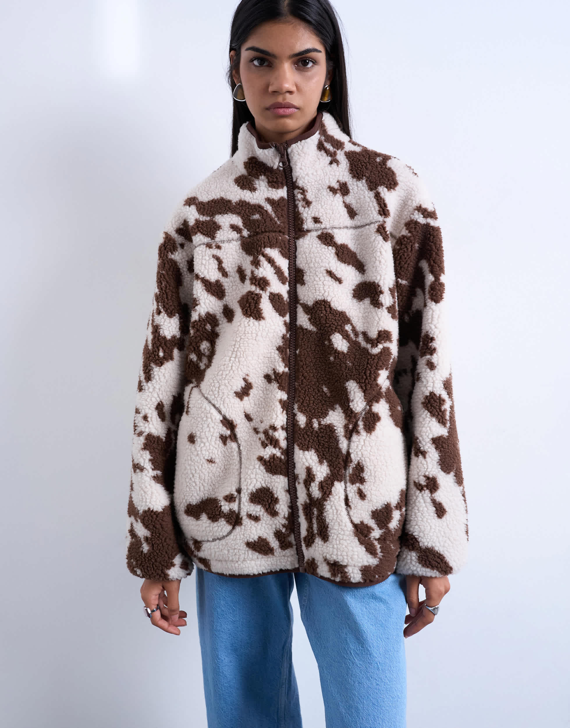 Topshop fleece borg jacket in cow print