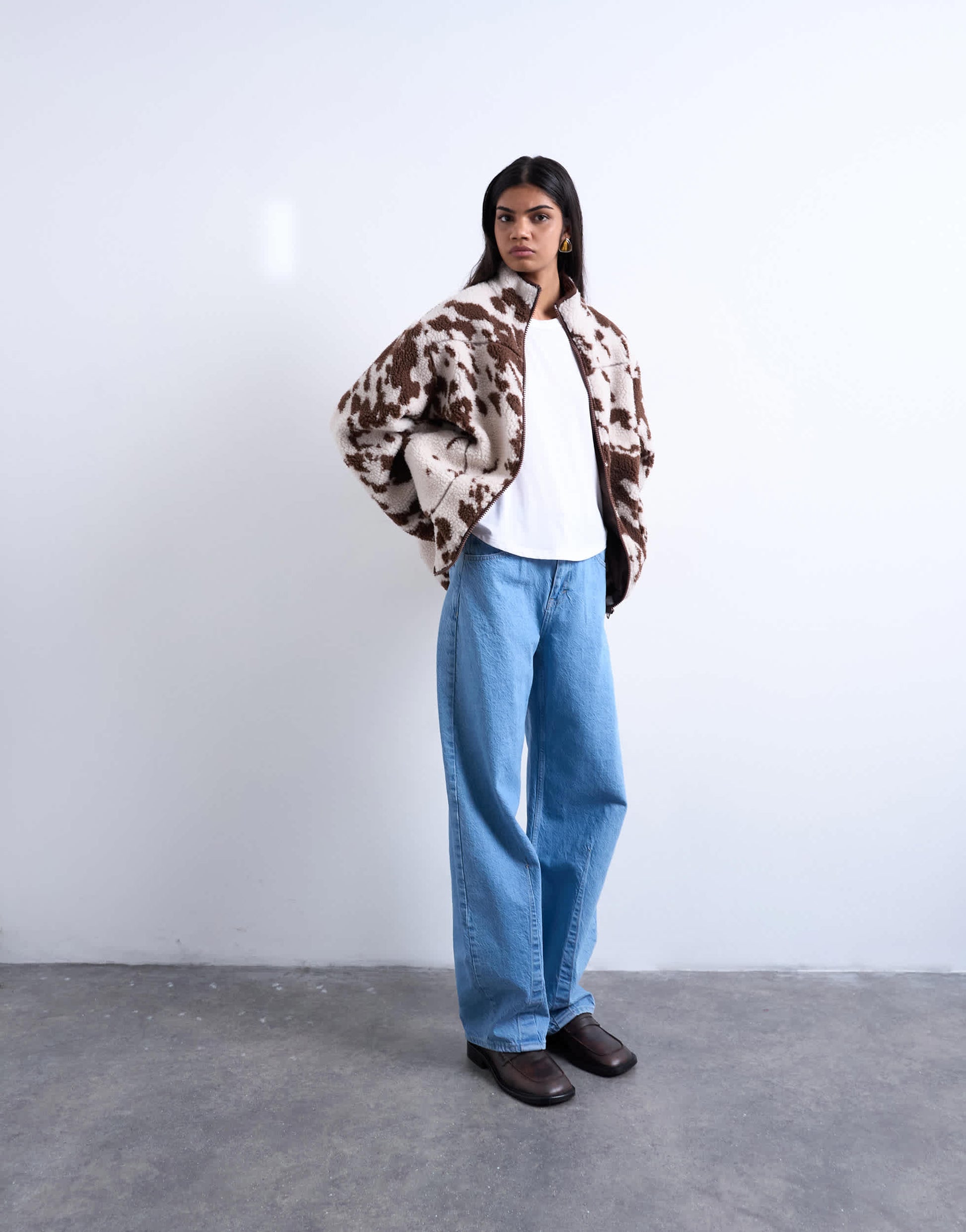 Topshop fleece borg jacket in cow print