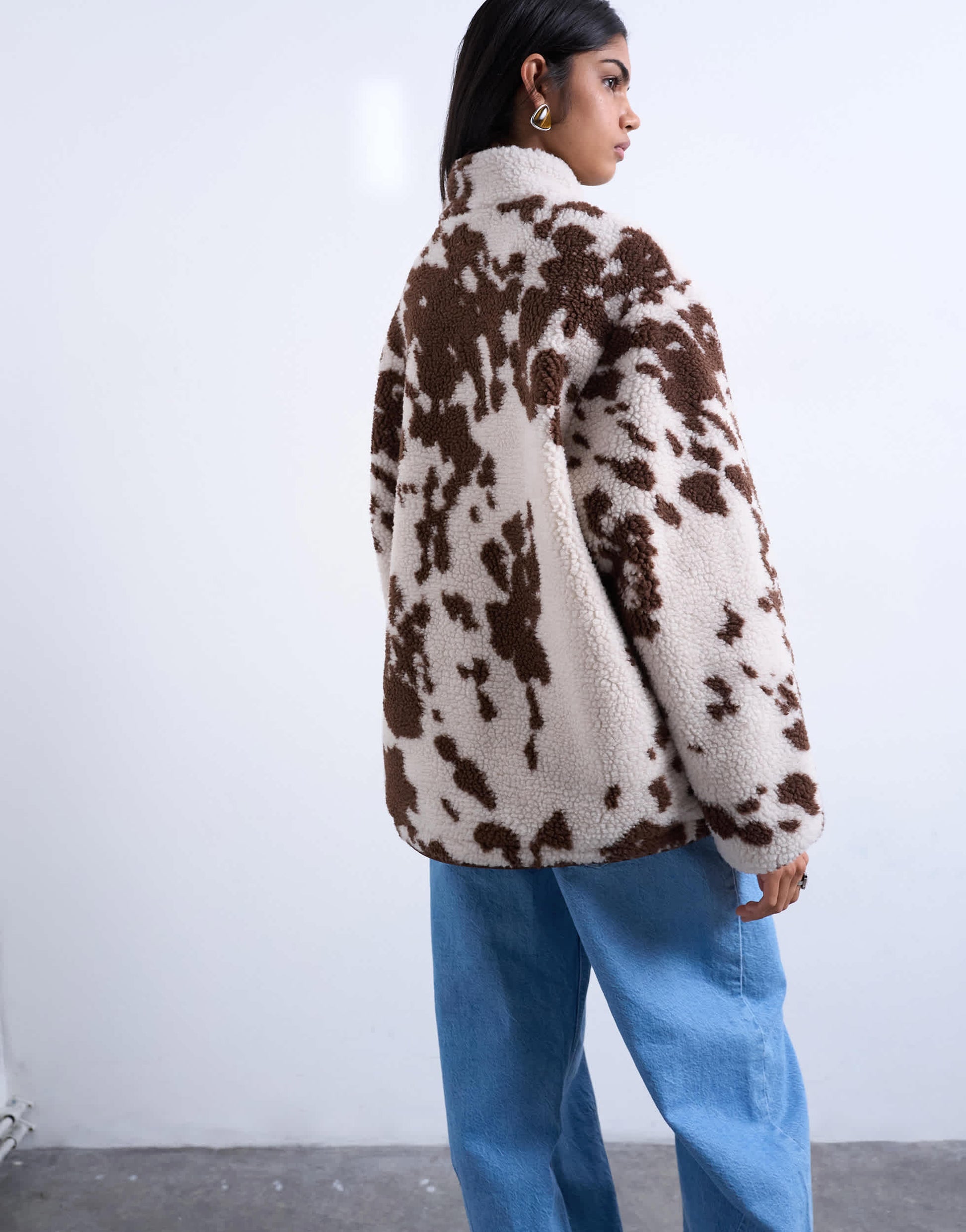 Topshop fleece borg jacket in cow print