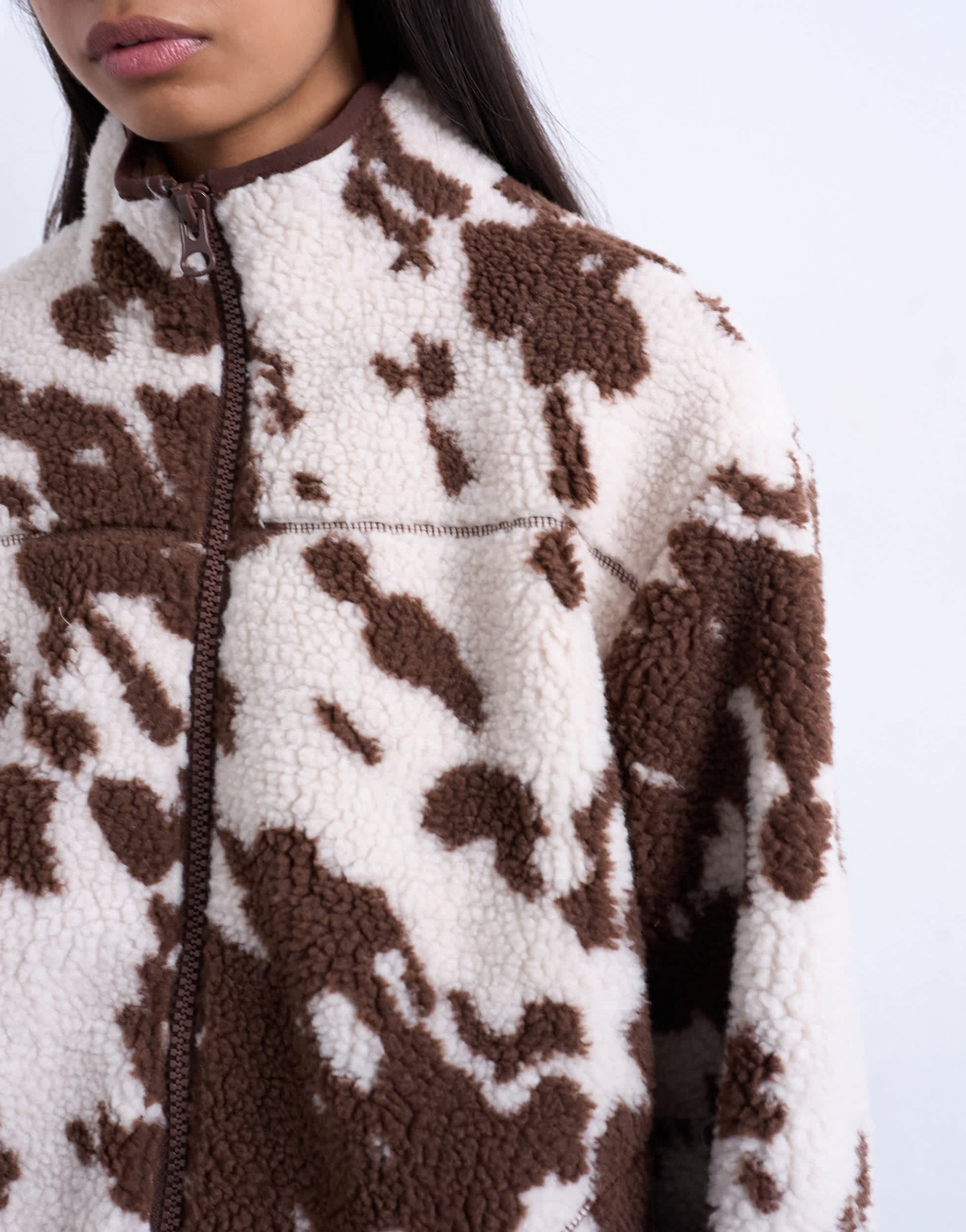 Topshop fleece borg jacket in cow print