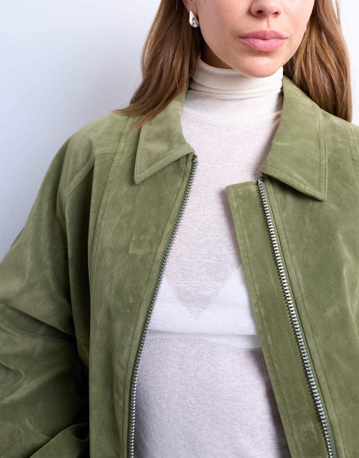 Topshop faux suede zip through seam detail jacket in green