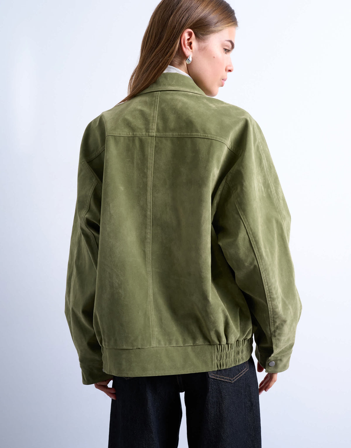 Topshop faux suede zip through seam detail jacket in green