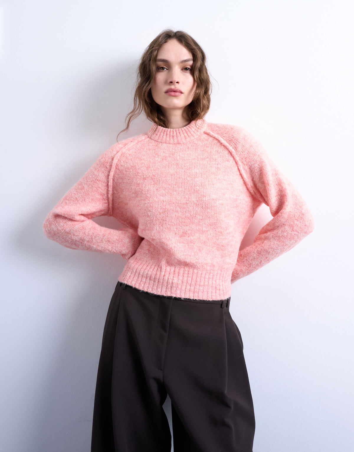 Topshop knitted raglan exposed seam jumper in pink