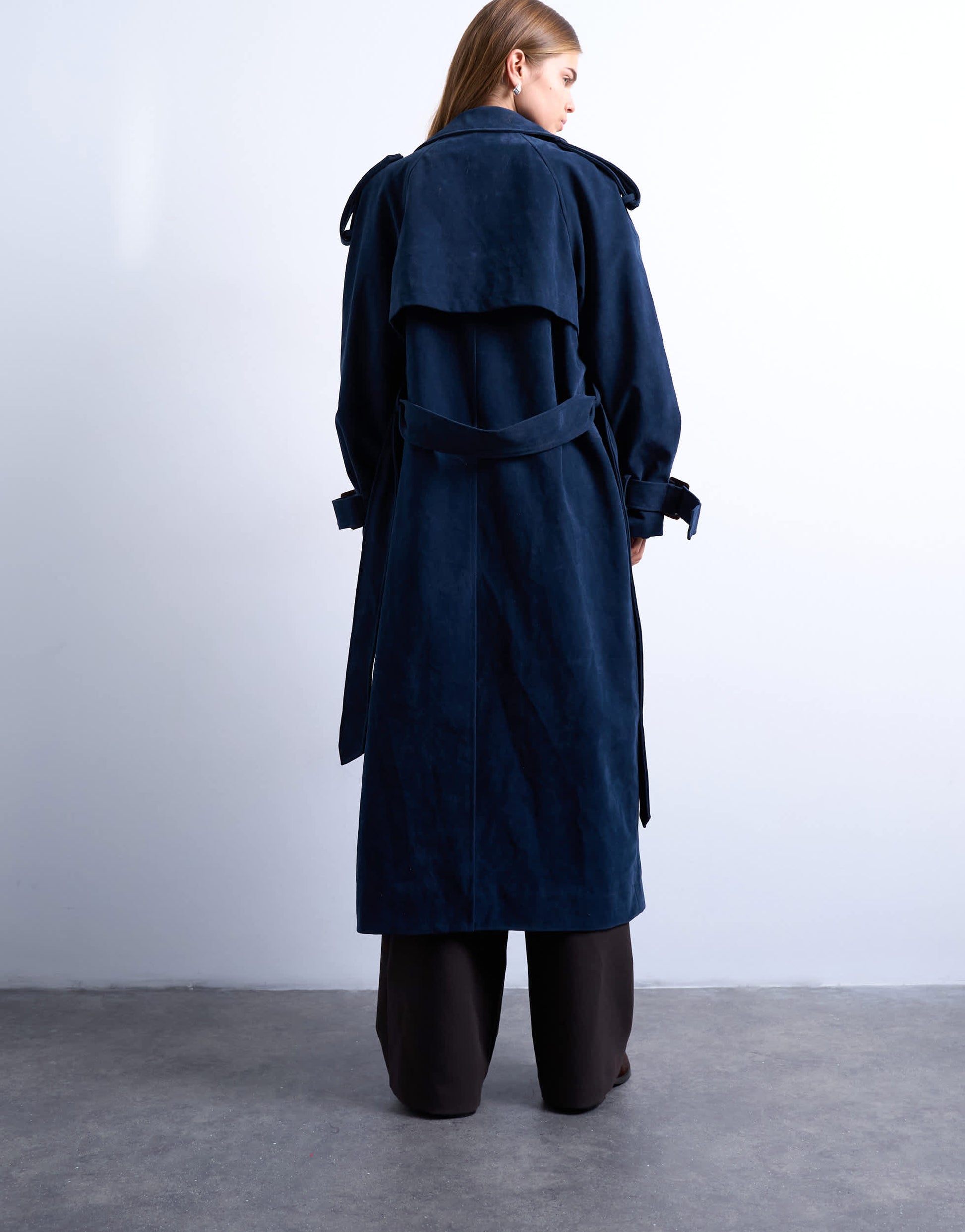 Topshop longline oversized faux suede trench coat in navy