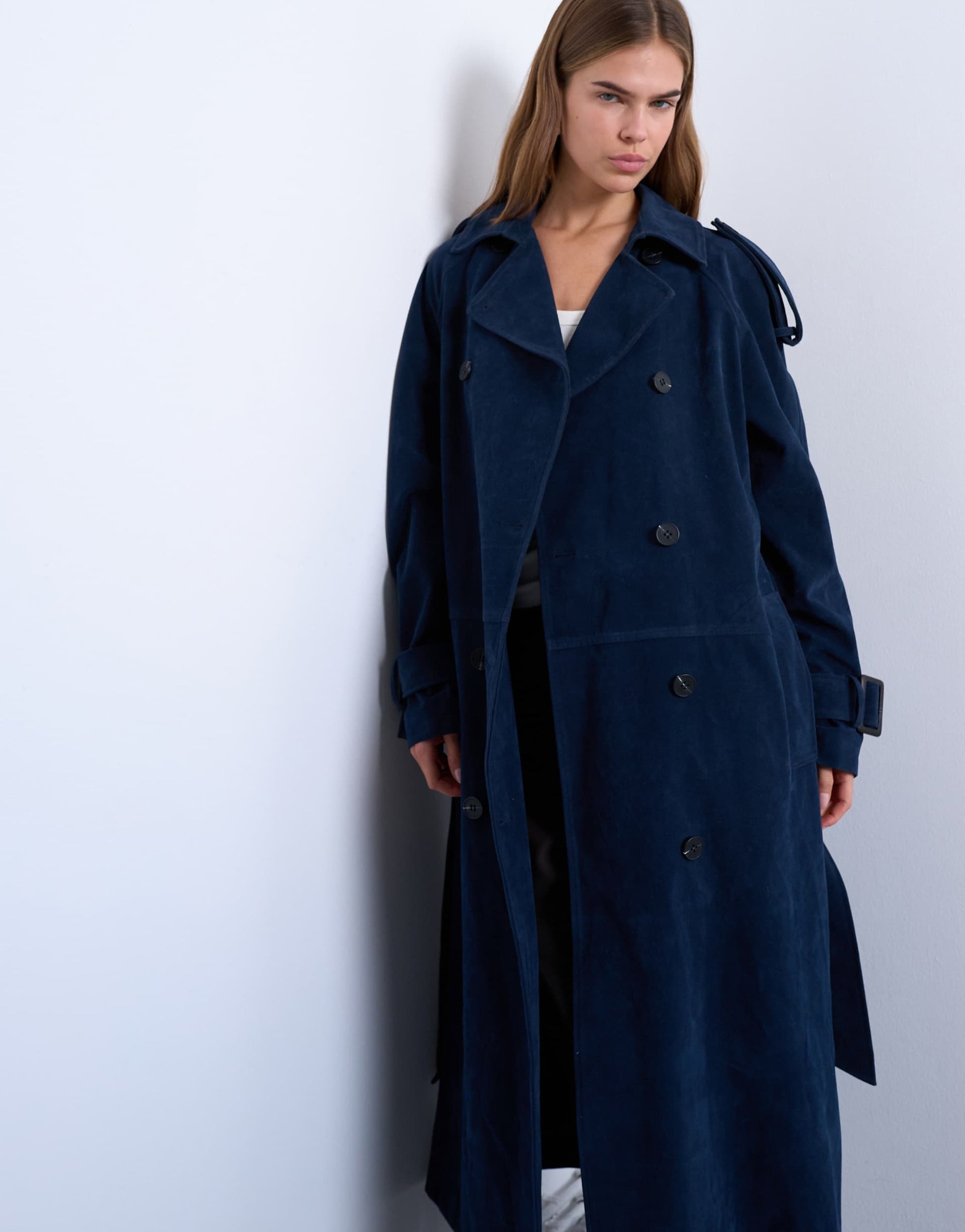 Topshop longline oversized faux suede trench coat in navy
