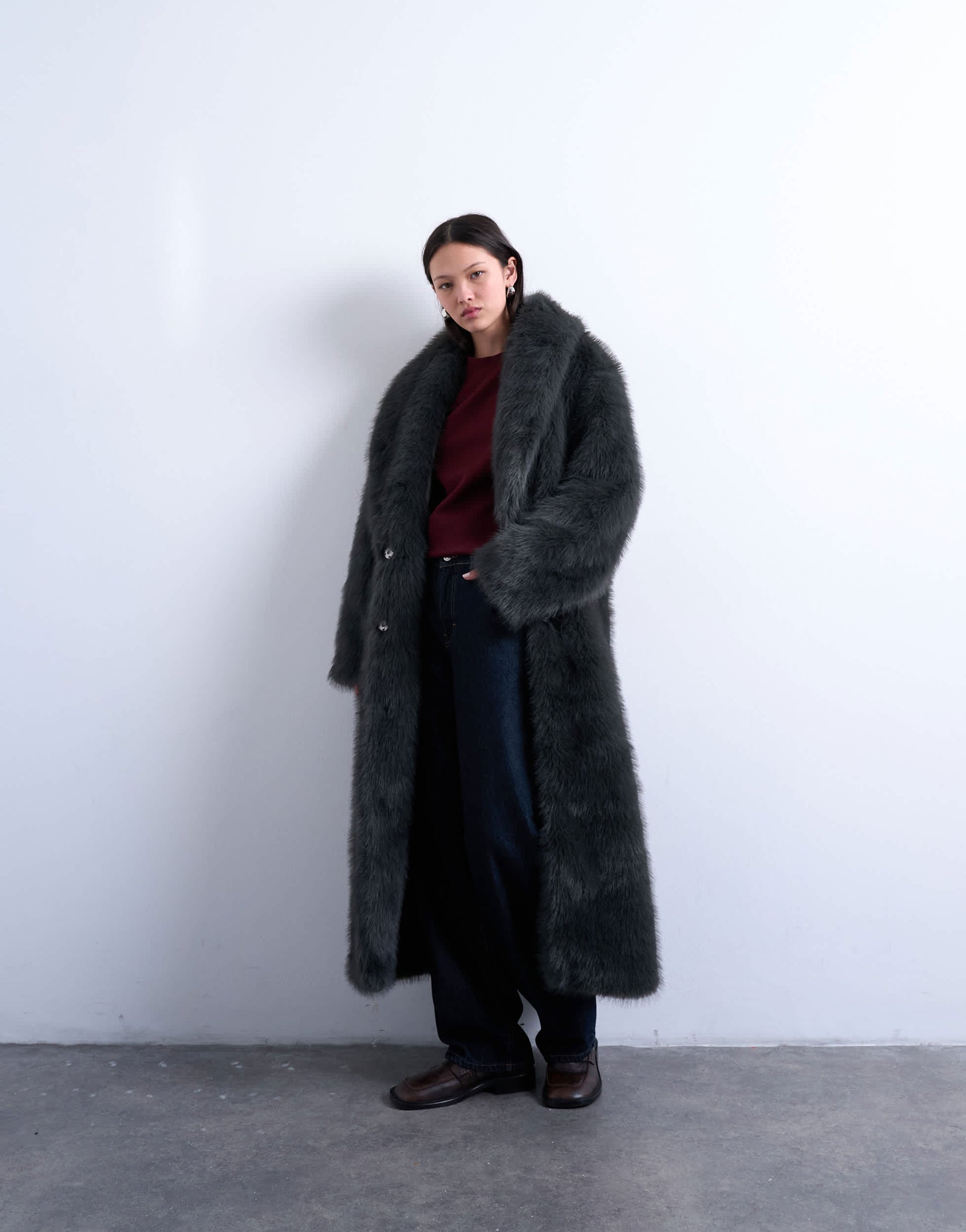 Topshop faux fur oversized shawl extra long coat in charcoal