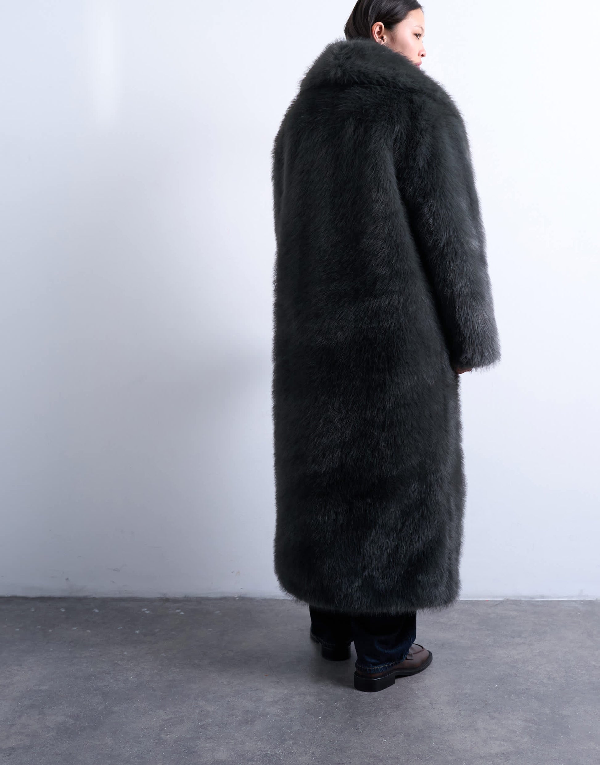 Topshop faux fur oversized shawl extra long coat in charcoal