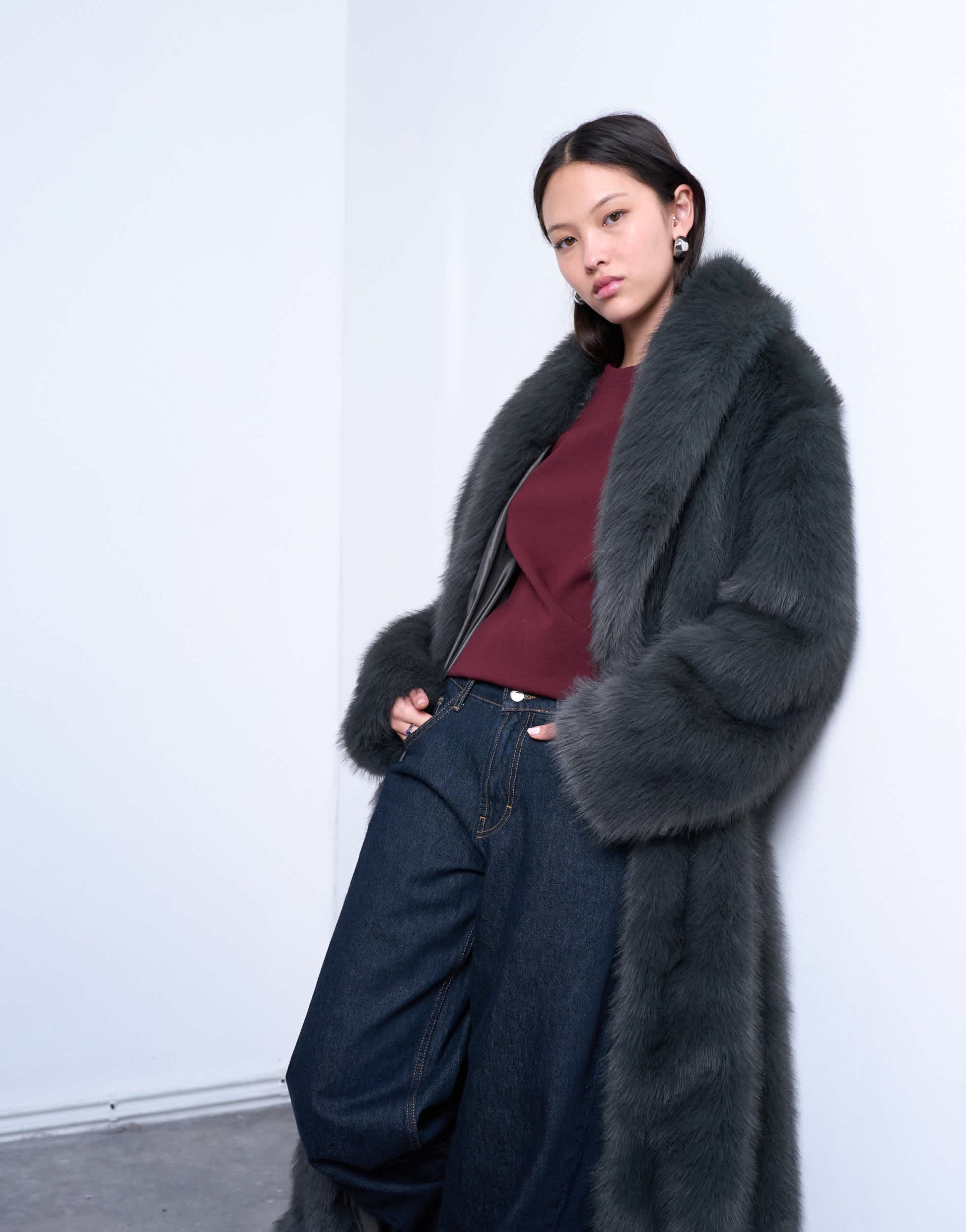 Topshop faux fur oversized shawl extra long coat in charcoal