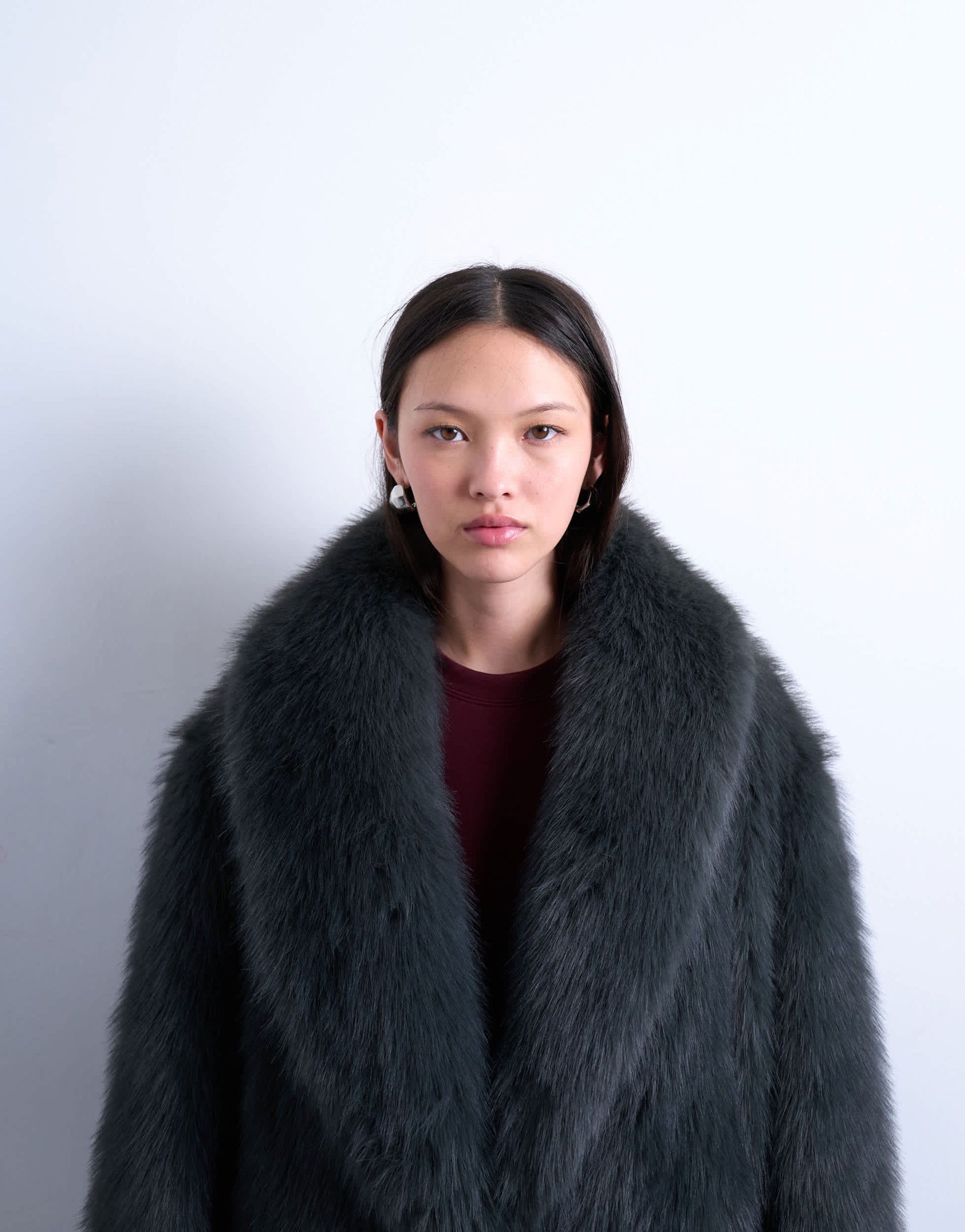Topshop faux fur oversized shawl extra long coat in charcoal