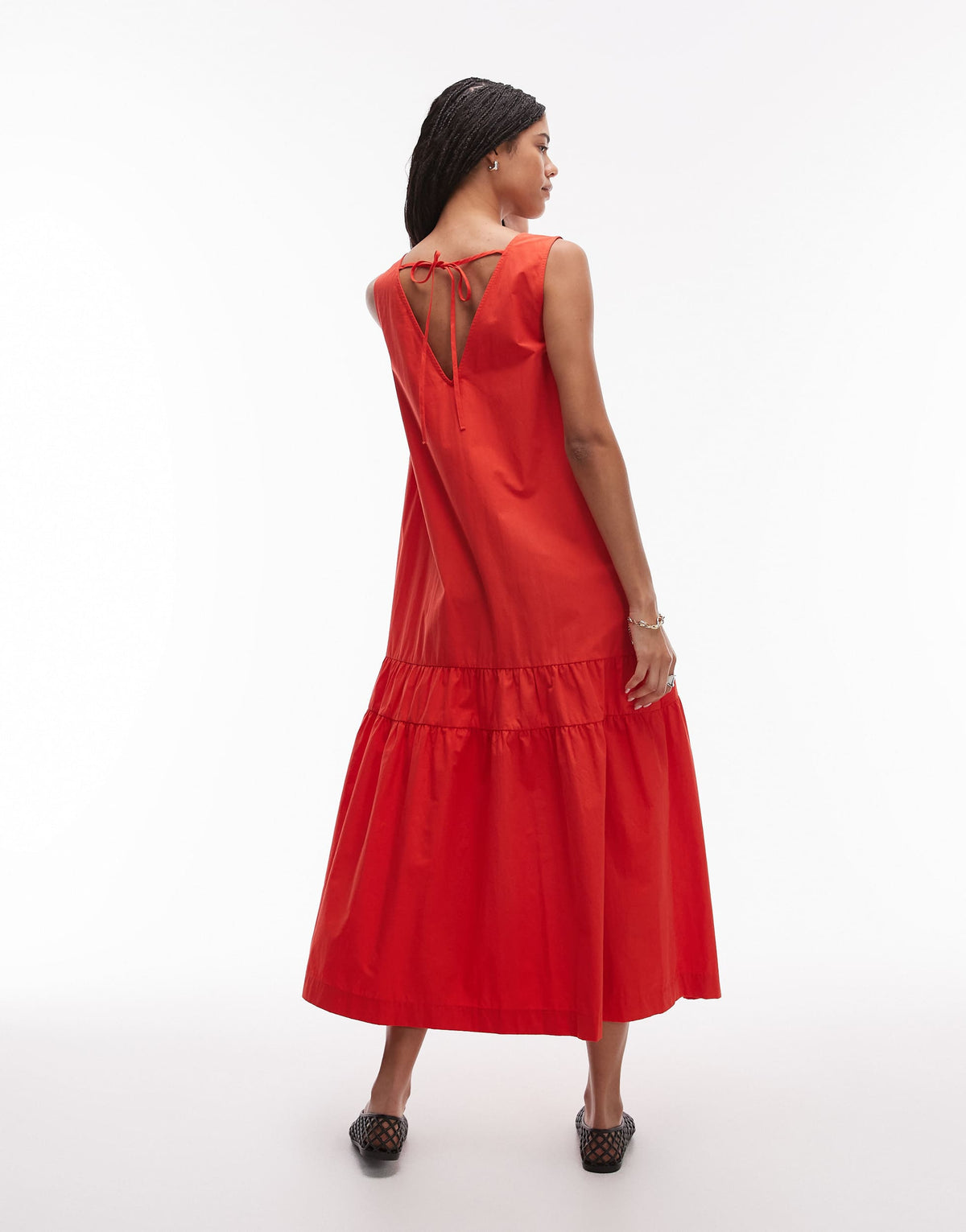 Topshop dropped waist chuck on poplin midi dress in tomato red